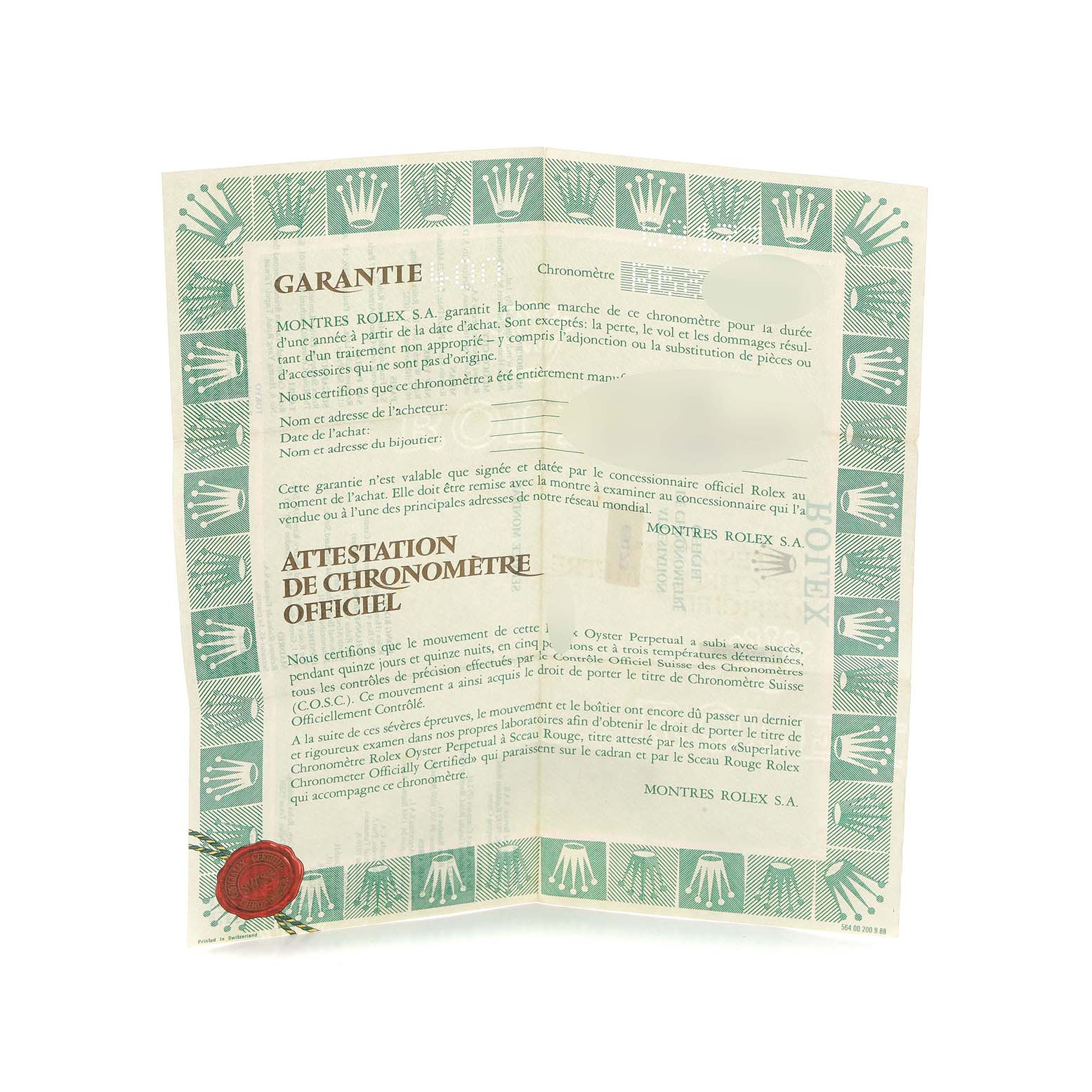 This image shows a Rolex Datejust 69173 Women
s Steel and Gold (two tone) Silver Dial warranty and chronometer certificate, featuring text and a Rolex logo border.