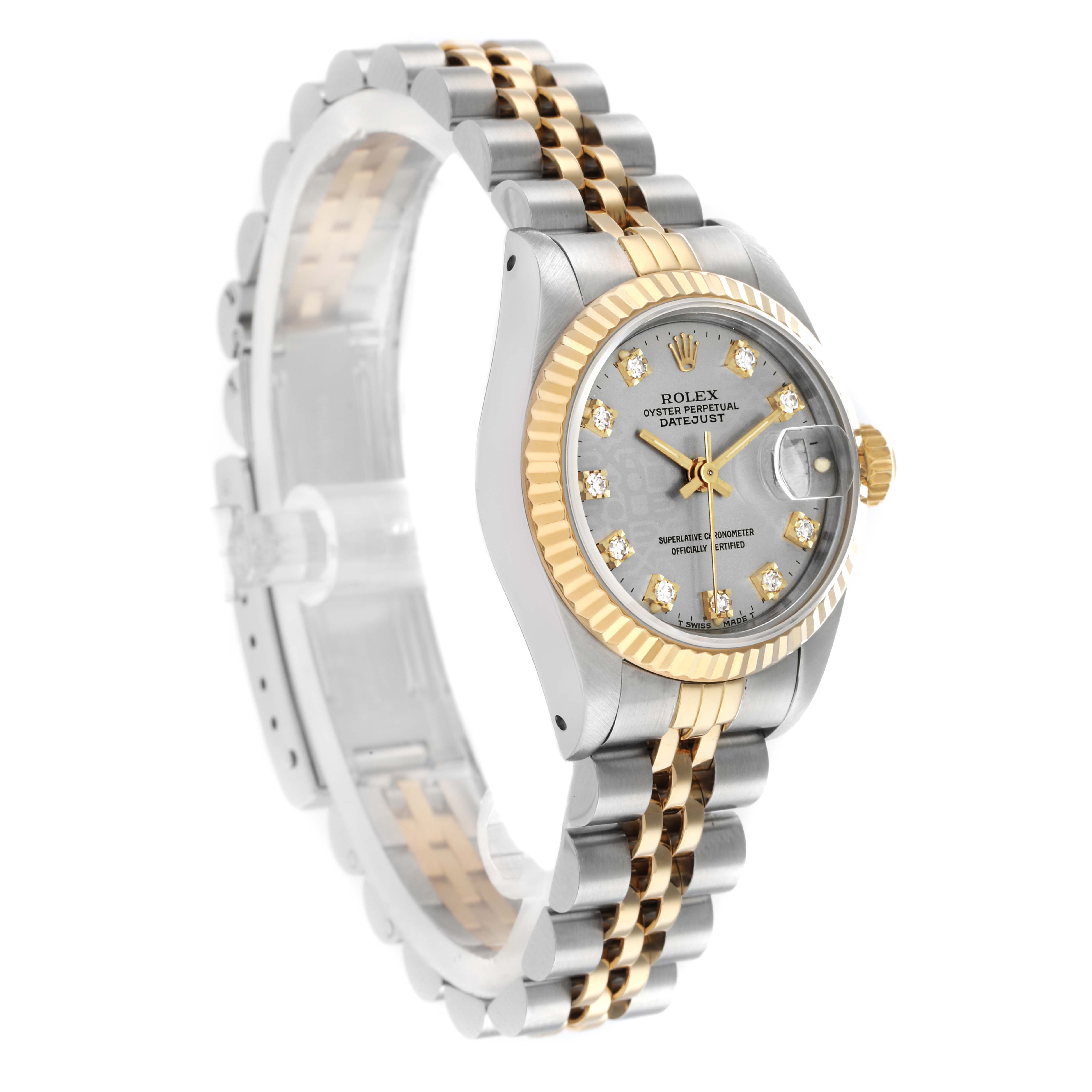 The Rolex Datejust 69173 Women
s Steel and Gold (two tone) Silver Dial watch is shown at an angle highlighting its two-tone bracelet, fluted bezel, and diamond-accented dial.