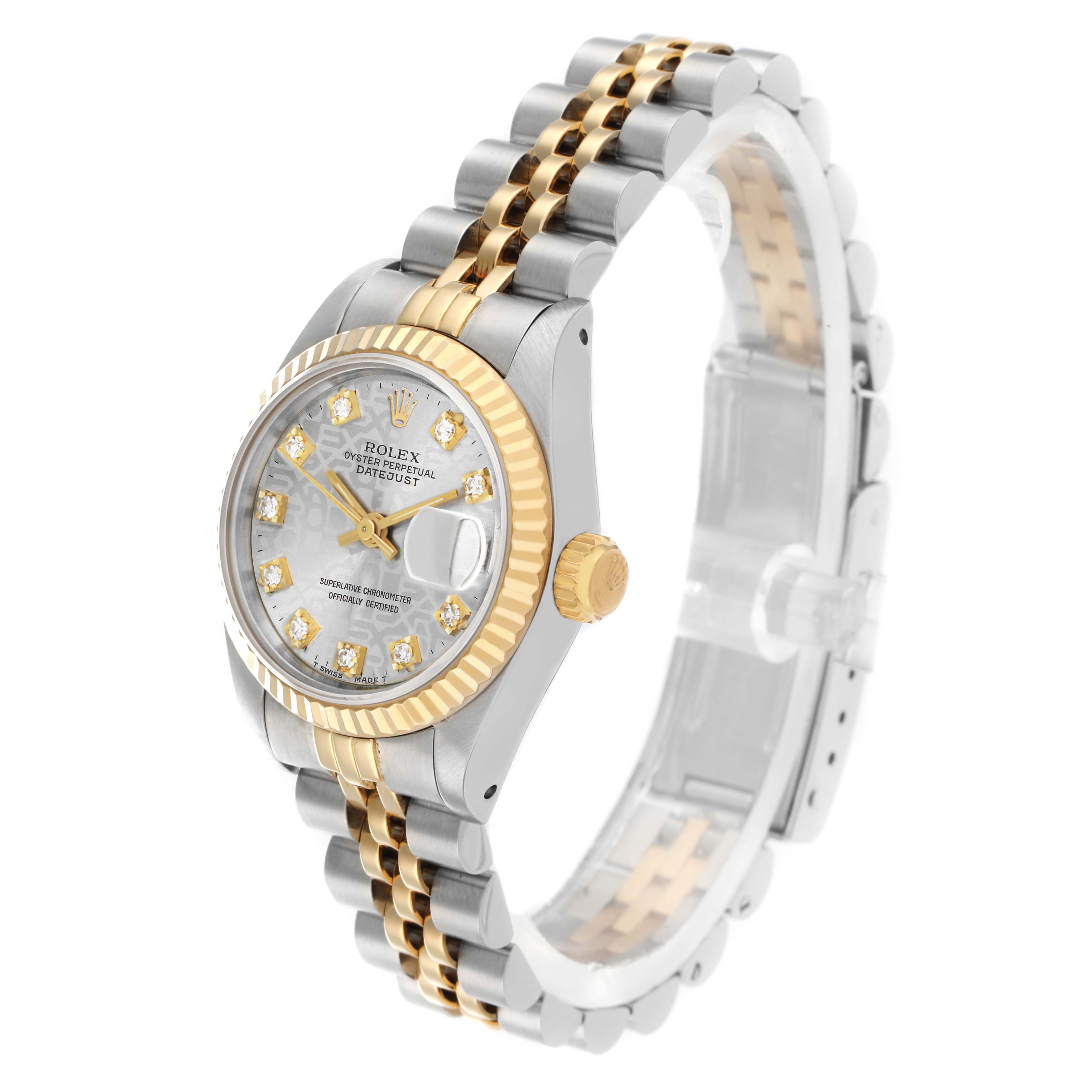 The Rolex Datejust 69173 Women
s Steel and Gold (two tone) Silver Dial watch is shown at a slight angle, highlighting the bezel, dial, crown, and two-tone bracelet.