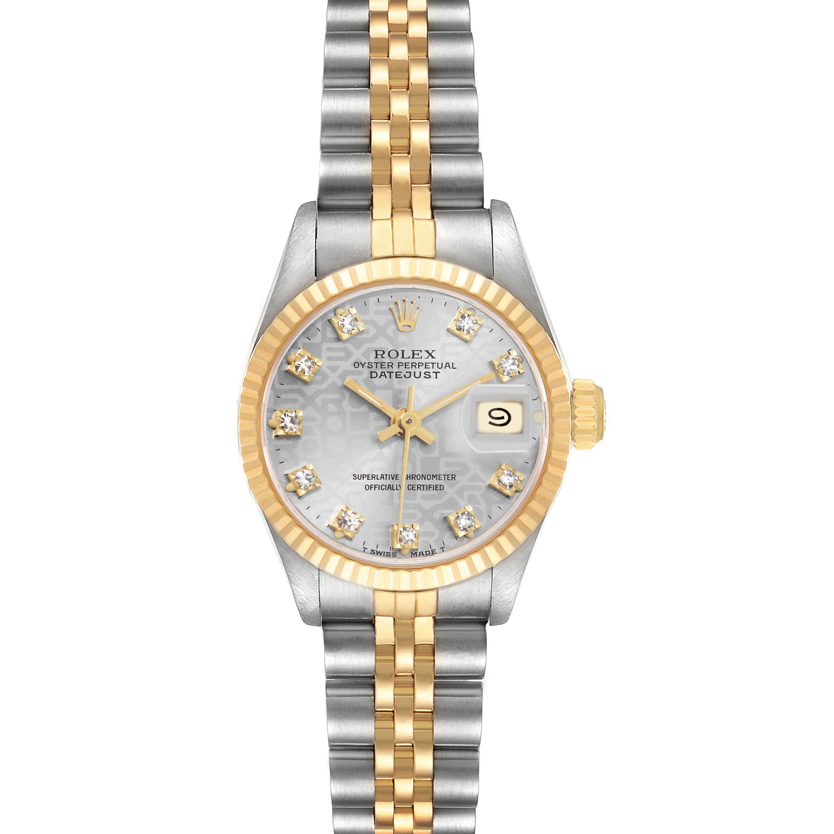 The Rolex Datejust 69173 Women
s Steel and Gold (two tone) Silver Dial watch is shown from a straight-on angle, displaying the dial, bezel, and bracelet.