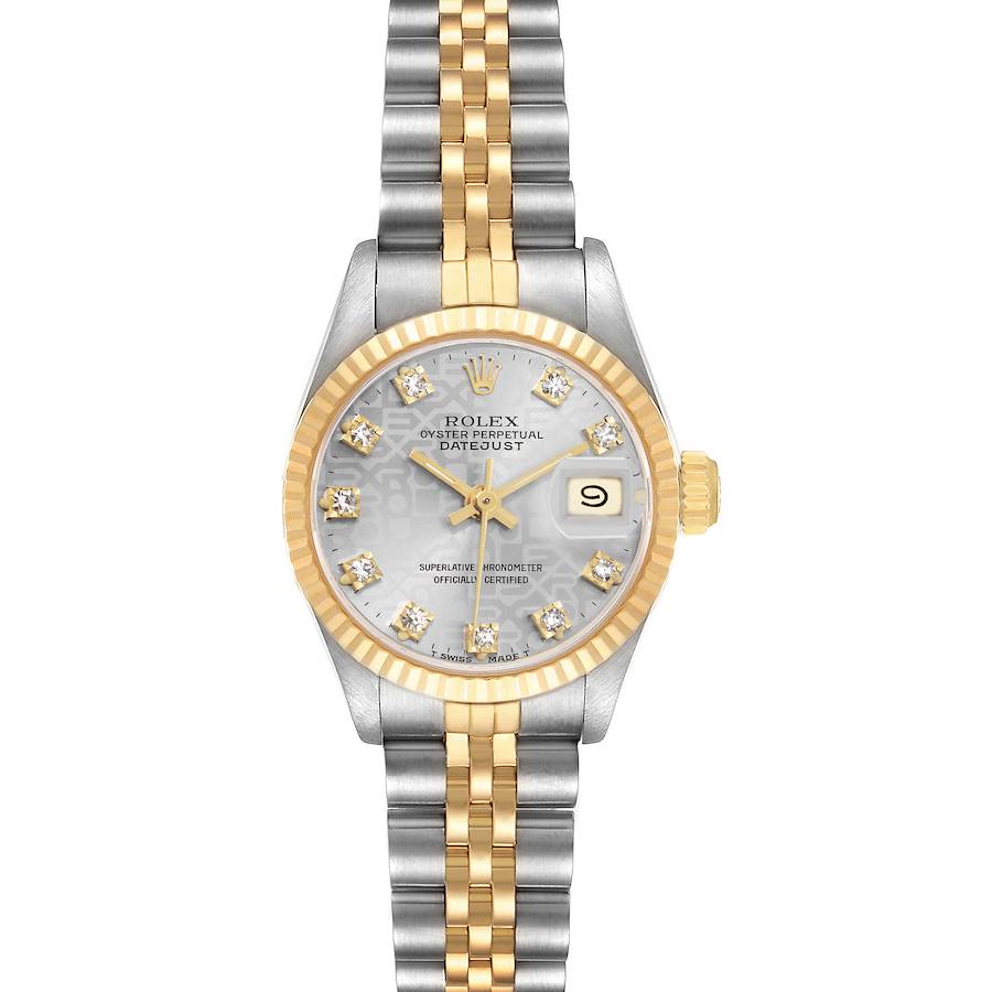 The Rolex Datejust 69173 Women's Steel and Gold (two tone) Silver Dial watch is shown from a straight-on angle, displaying the dial, bezel, and bracelet.