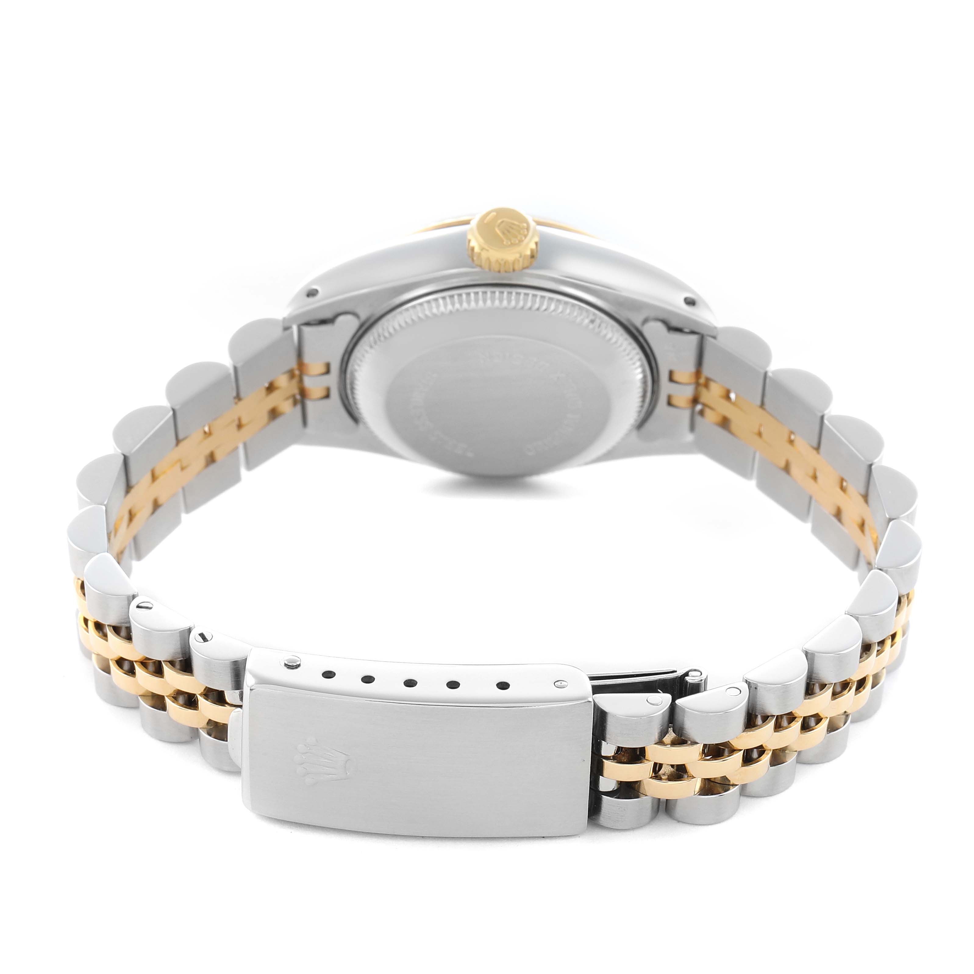 The Rolex Datejust 69173 Women
s Steel and Gold (two tone) Silver Dial watch is shown from the back, highlighting the case back, bracelet, and clasp.