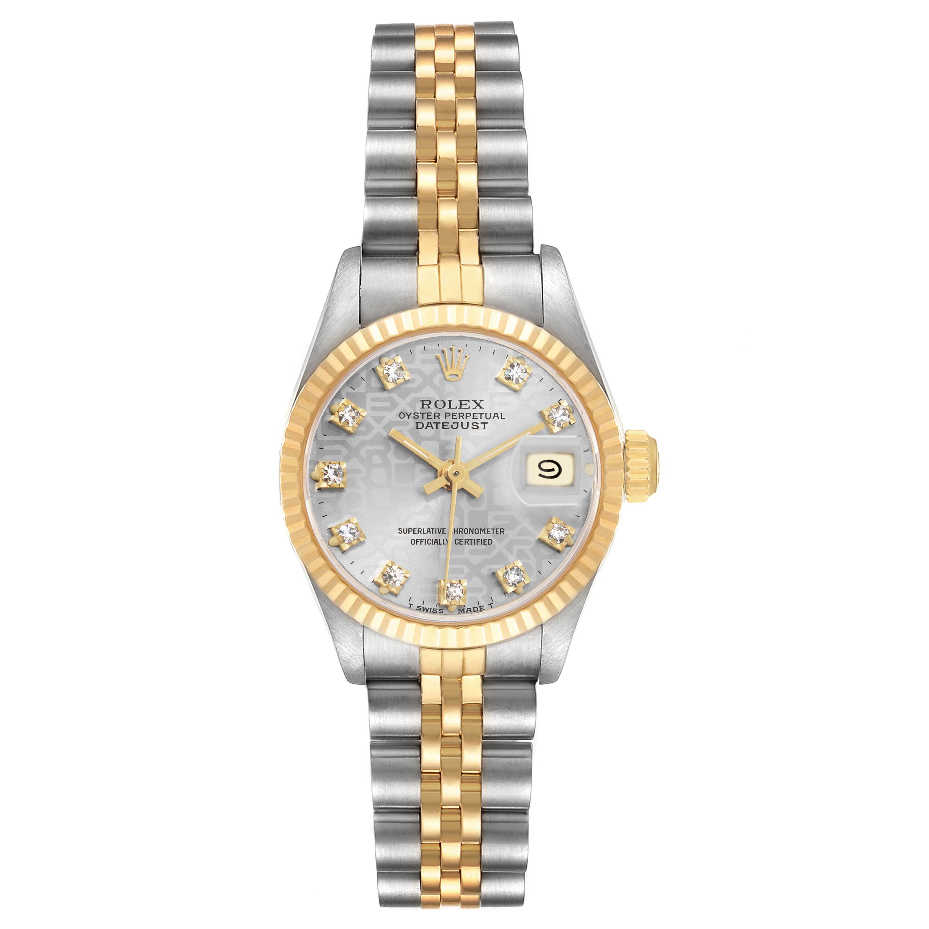 The Rolex Datejust 69173 Women
s Steel and Gold (two tone) Silver Dial watch is shown from the front, highlighting its gold bezel, diamond hour markers, and two-tone bracelet.