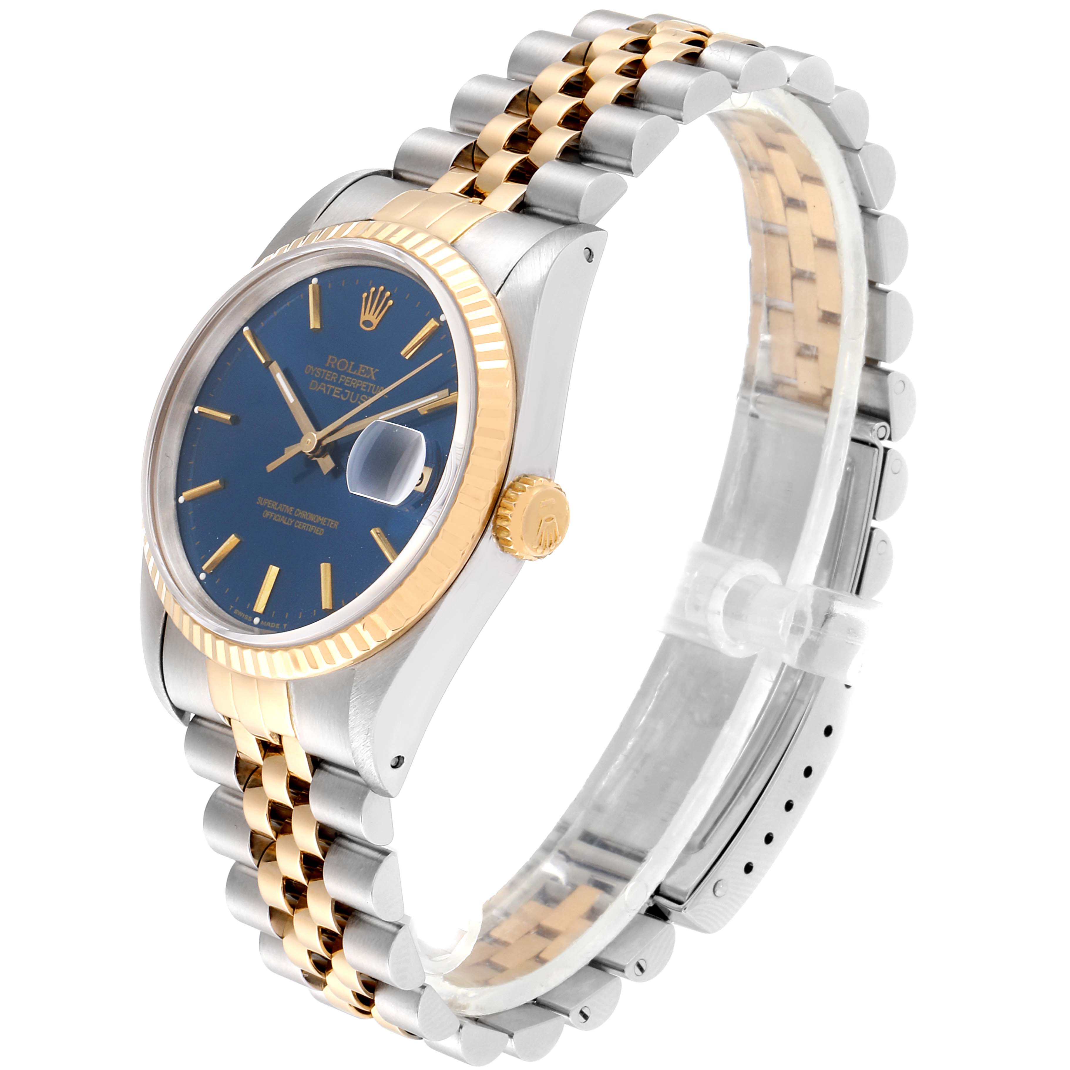 This image shows a Rolex Datejust 16233 Men's Steel and Gold (two tone) Blue Dial 16233 Men's Steel and Gold (two tone) Blue Dial watch angled from the side, highlighting its blue dial, gold bezel, and two-tone bracelet.