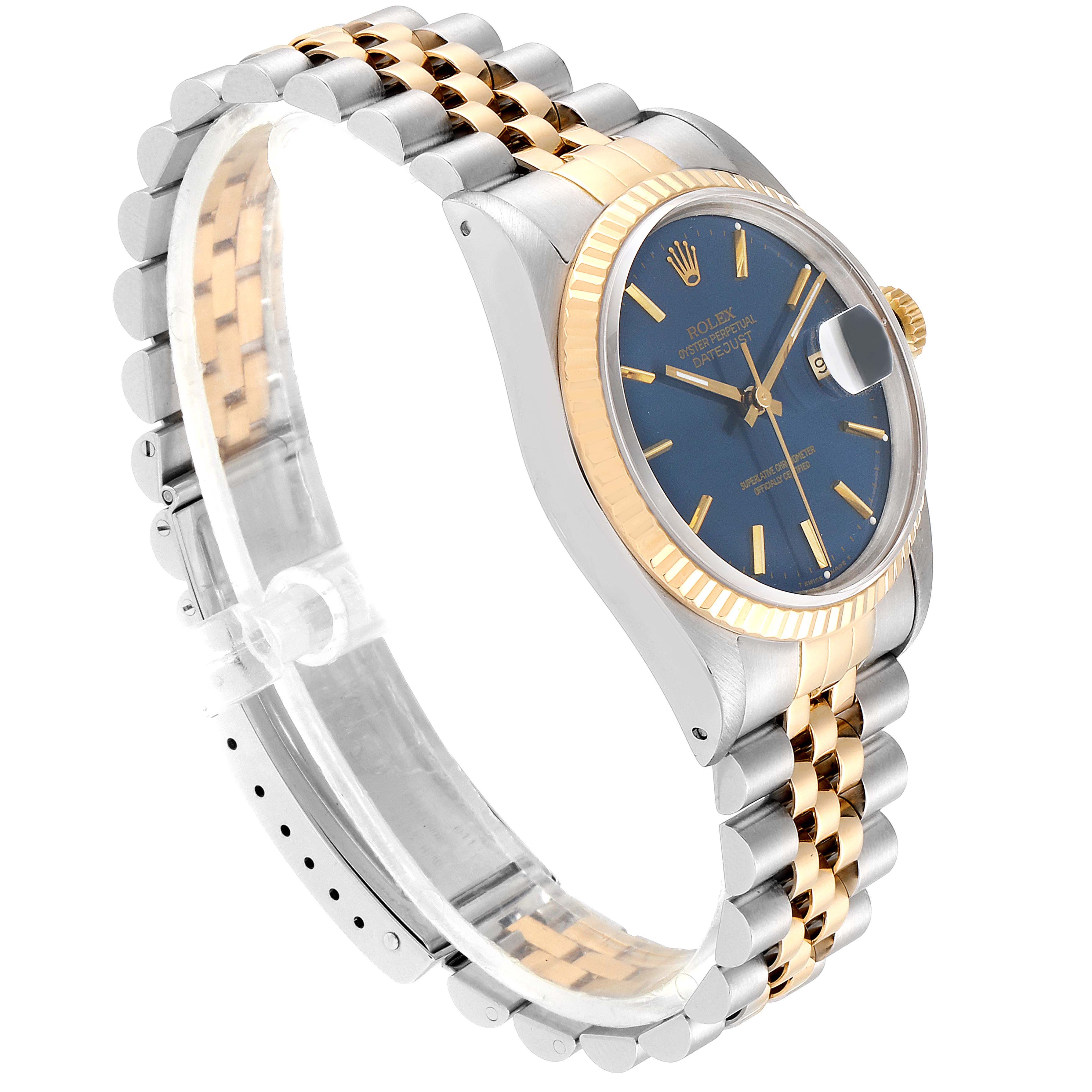 The image shows a side and partial top view of a Rolex Datejust 16233 Men's Steel and Gold (two tone) Blue Dial 16233 Men's Steel and Gold (two tone) Blue Dial watch with a two-tone band and blue dial.