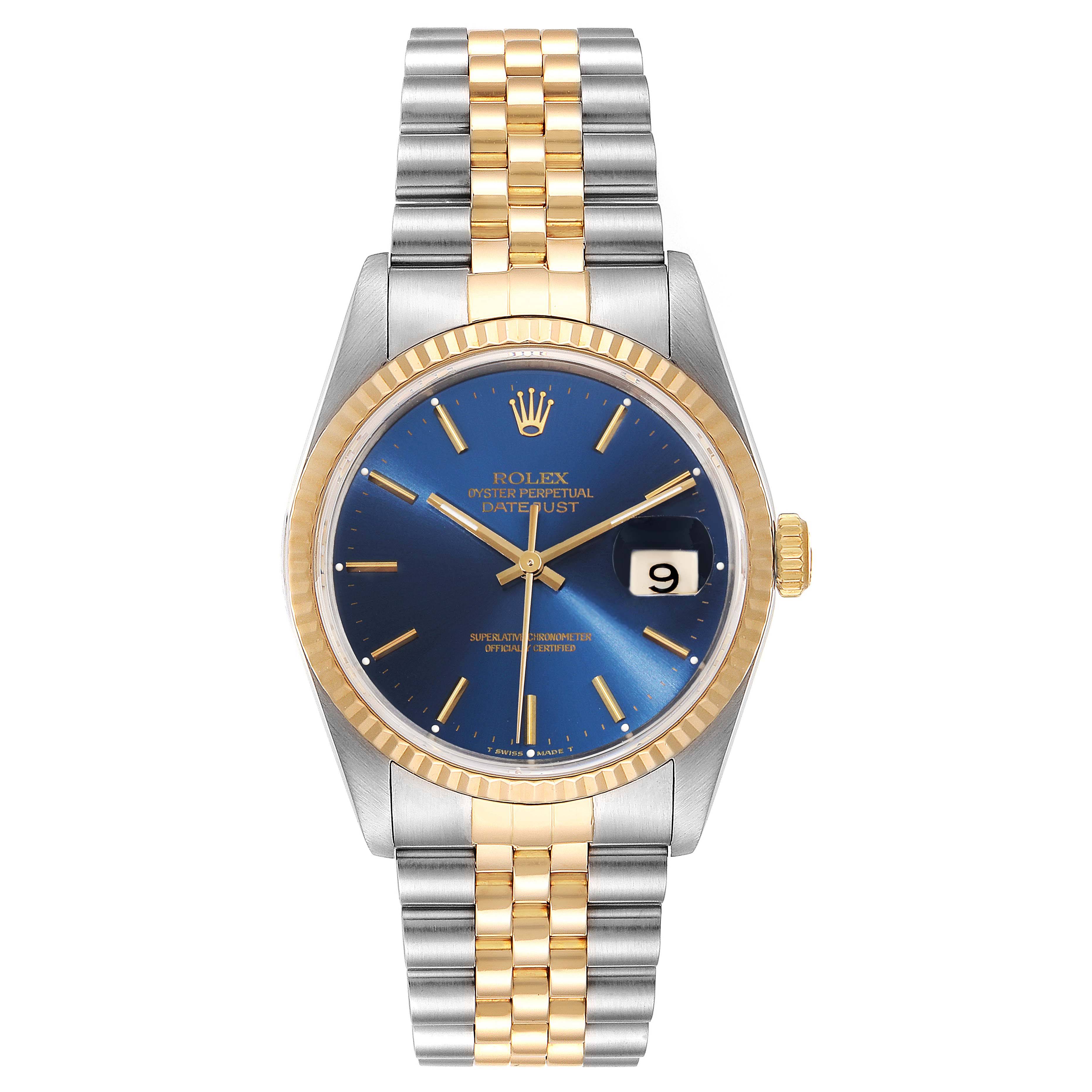 The Rolex Datejust 16233 Men's Steel and Gold (two tone) Blue Dial 16233 Men's Steel and Gold (two tone) Blue Dial watch is shown from the front, displaying the dial, two-tone bracelet, and fluted bezel.