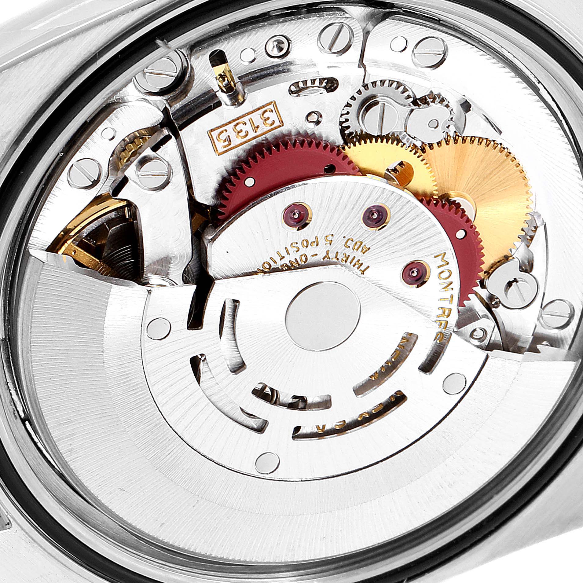 This image shows the intricate internal mechanism of a Rolex Datejust 16233 Men's Steel and Gold (two tone) Blue Dial 16233 Men's Steel and Gold (two tone) Blue Dial watch, showcasing gears and components at a macro angle.