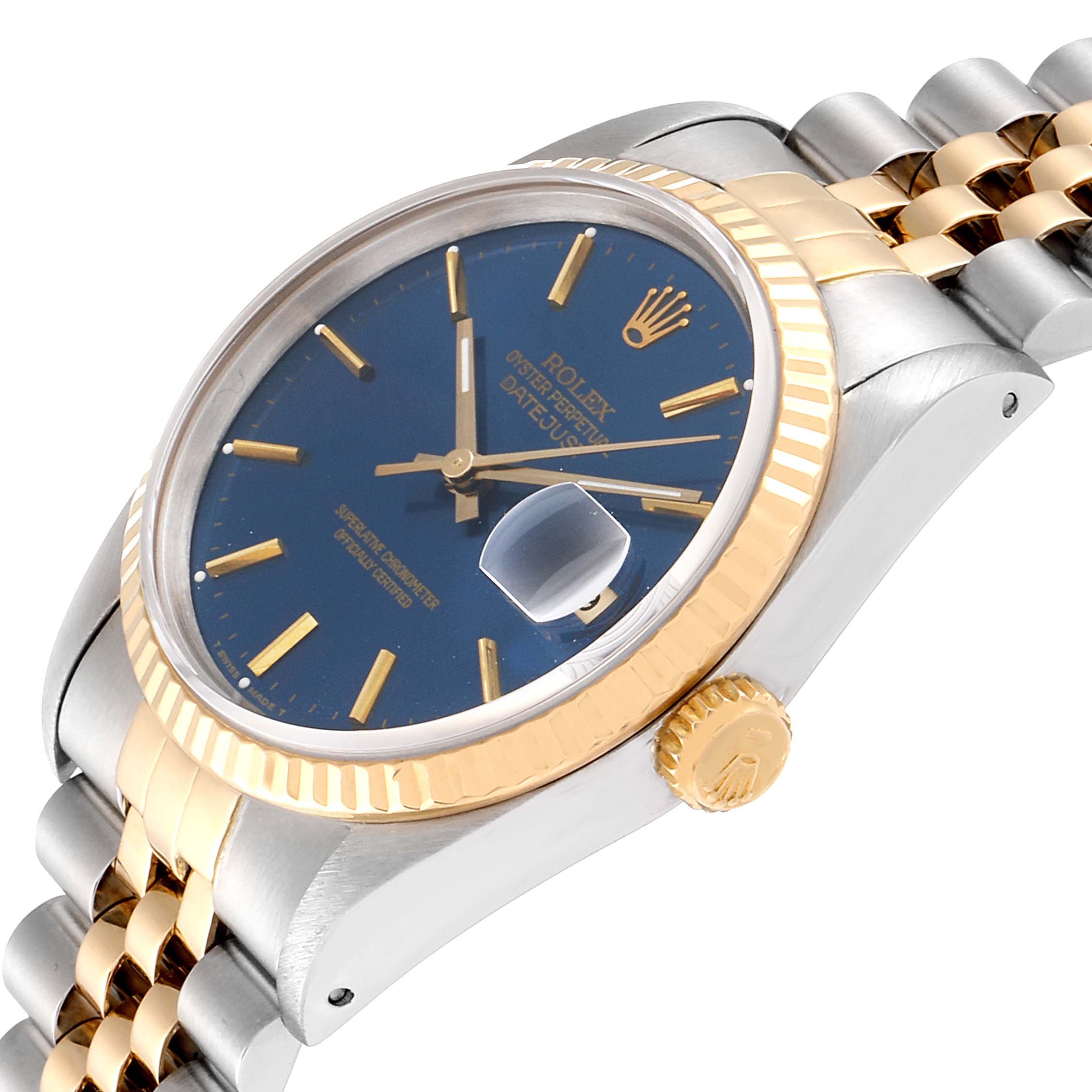This image shows a close-up, angled view of the Rolex Datejust 16233 Men's Steel and Gold (two tone) Blue Dial 16233 Men's Steel and Gold (two tone) Blue Dial watch featuring its blue dial, gold bezel, and two-tone bracelet.