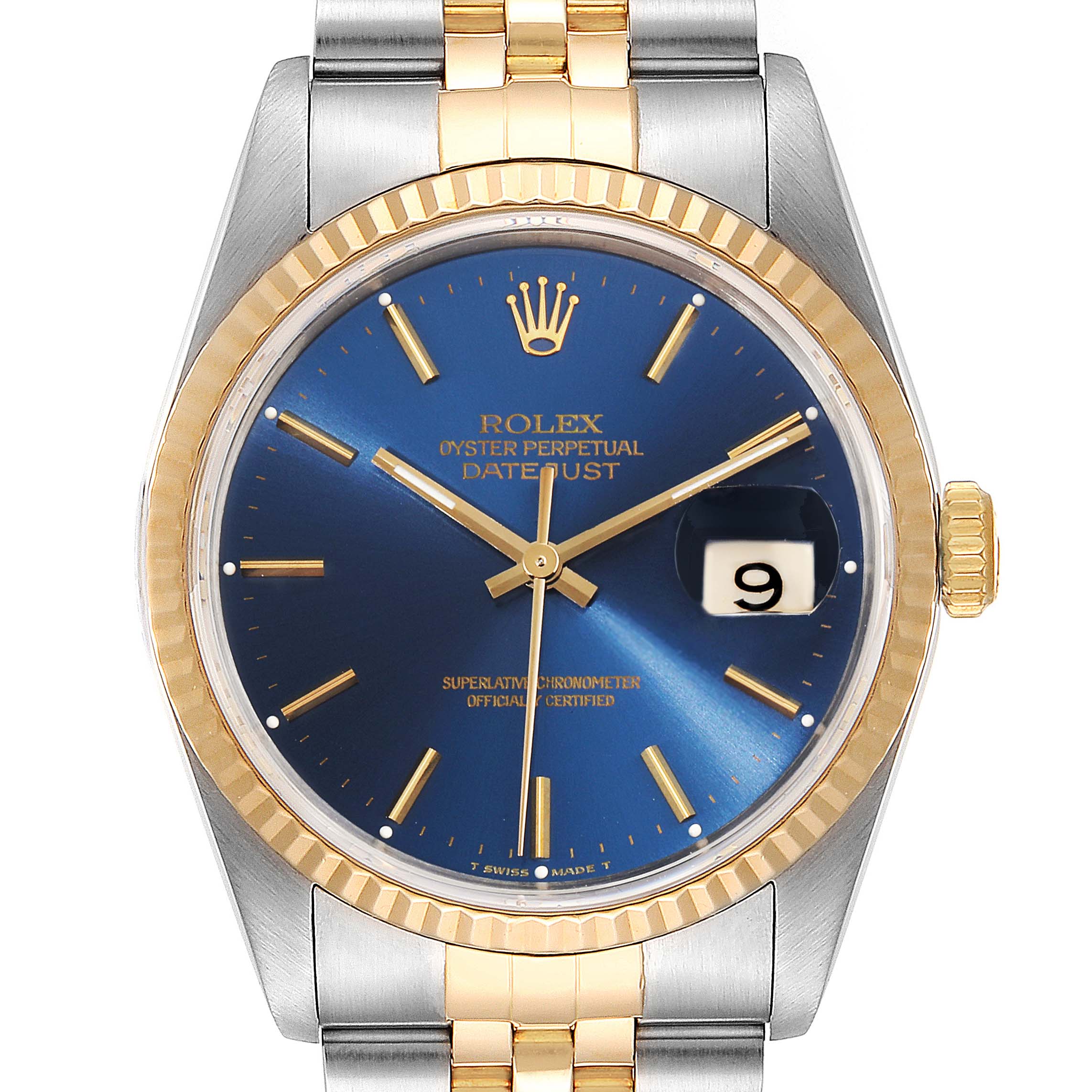 This image shows a front view of a Rolex Datejust 16233 Men's Steel and Gold (two tone) Blue Dial 16233 Men's Steel and Gold (two tone) Blue Dial watch, highlighting its blue dial, gold bezel, and two-tone bracelet.