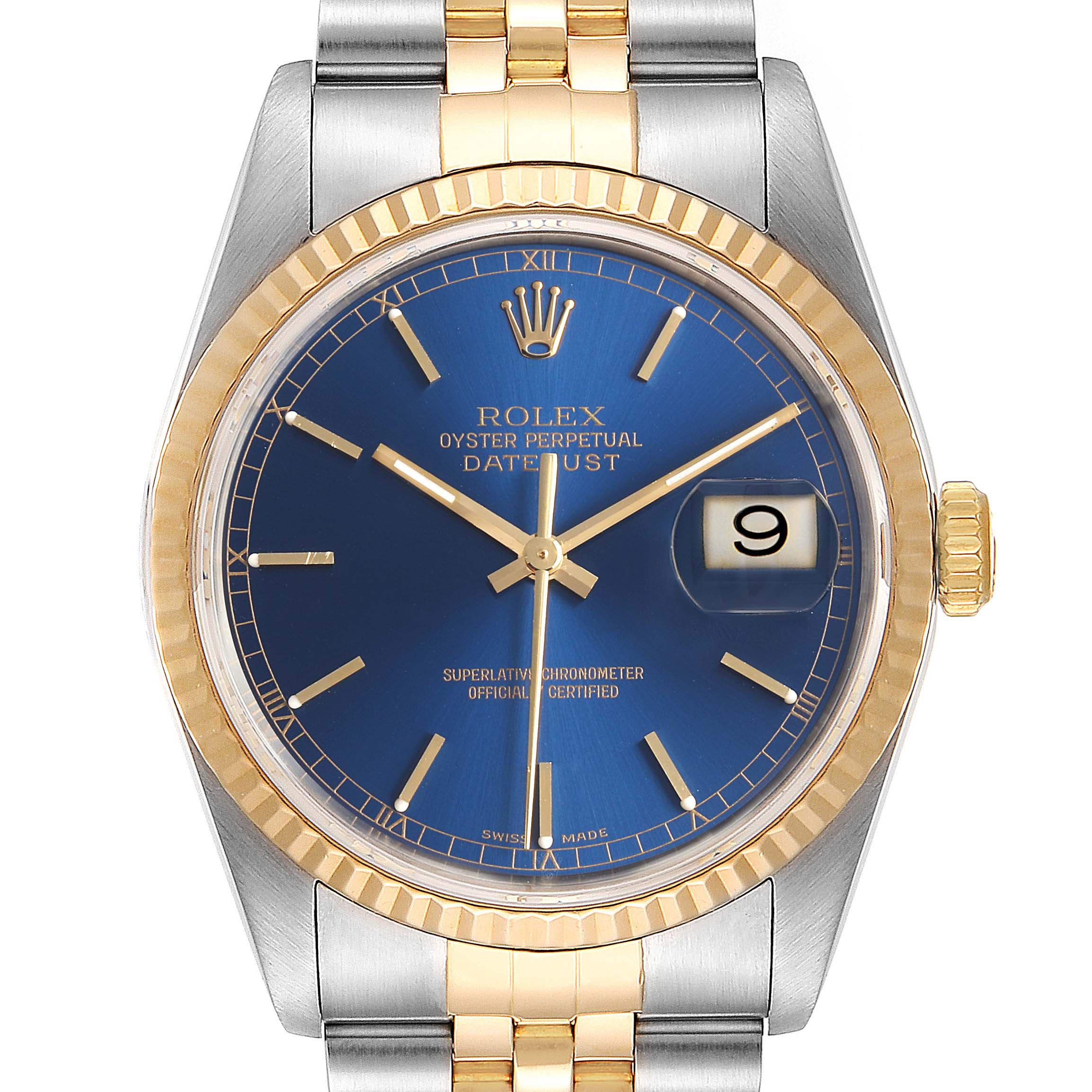 The image shows a front view of a Rolex Datejust 16233 Men's Steel and Gold (two tone) Blue Dial 16233 Men's Steel and Gold (two tone) Blue Dial watch featuring a blue dial and gold-silver two-tone bracelet.