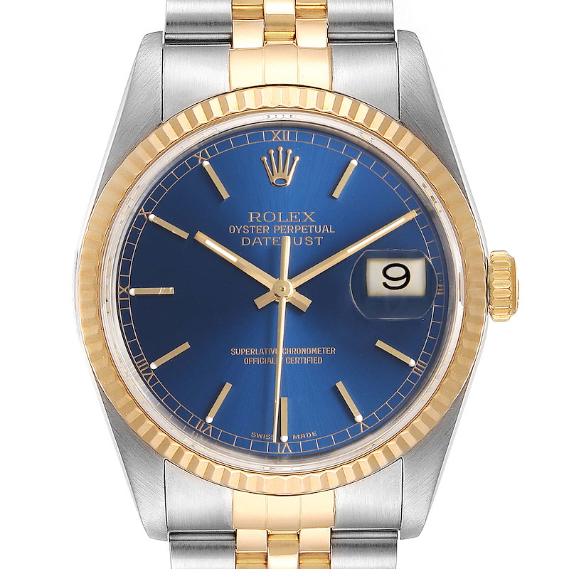 Rolex Datejust Steel Yellow Gold Blue Dial Mens Watch 16233 SwissWatchExpo