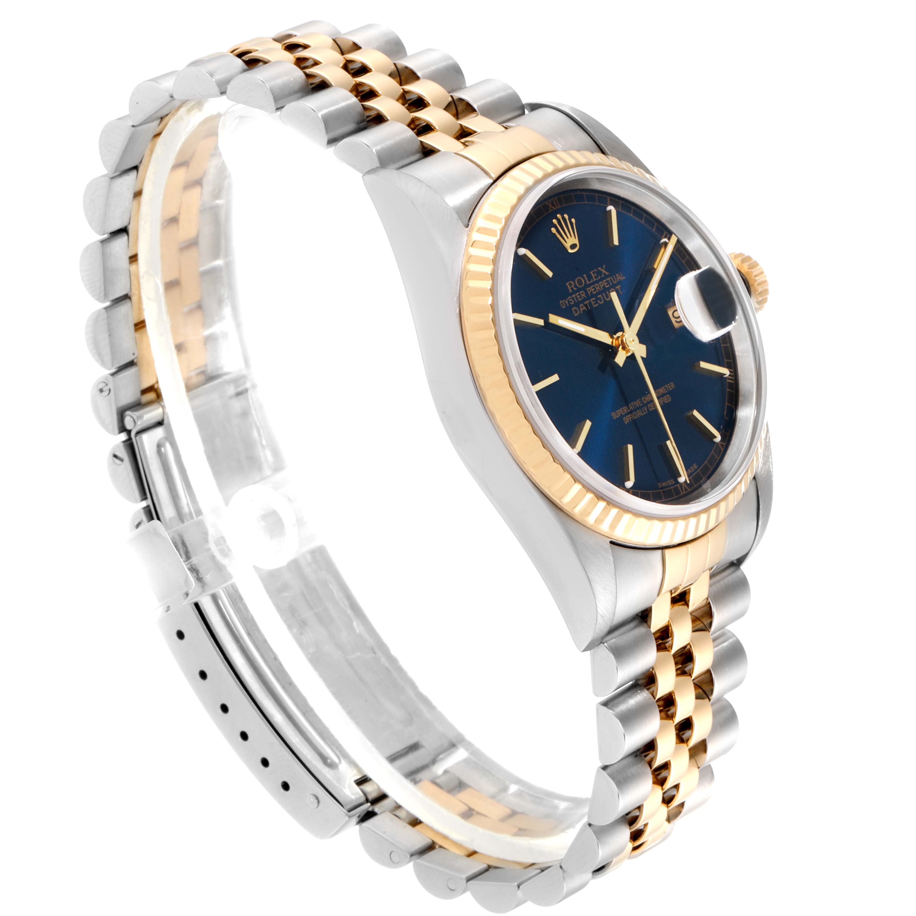 The image displays a side angle of a Rolex Datejust 16233 Men's Steel and Gold (two tone) Blue Dial 16233 Men's Steel and Gold (two tone) Blue Dial, showcasing its two-tone bracelet, blue dial, and fluted bezel.