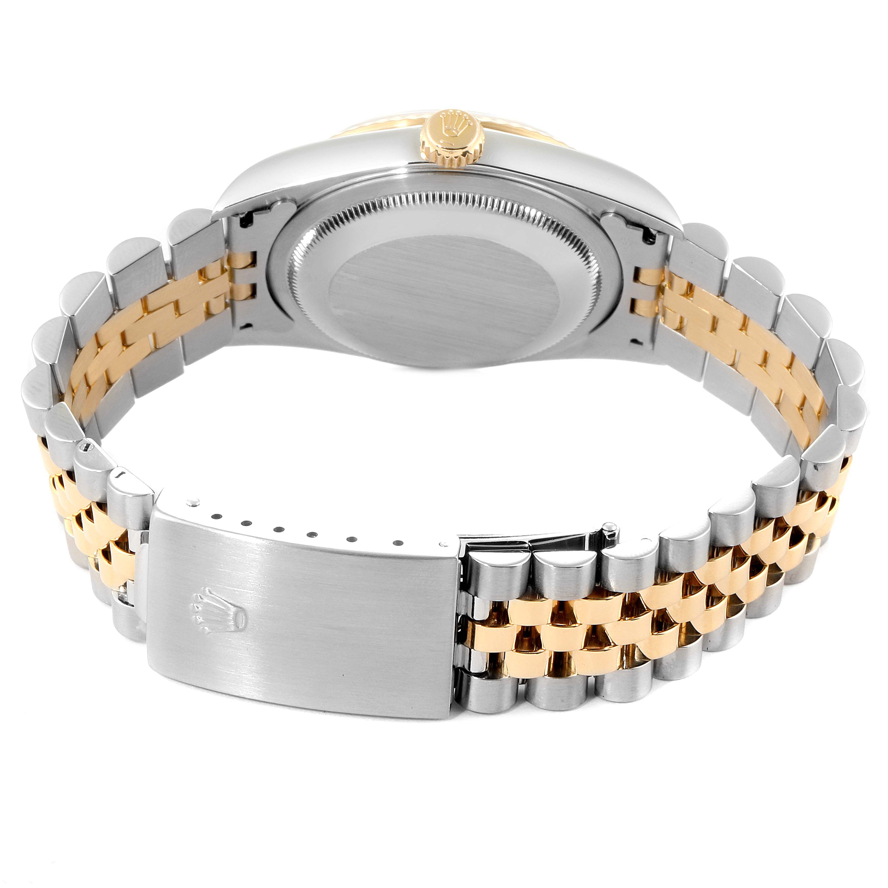 This image shows the back view of a Rolex Datejust 16233 Men's Steel and Gold (two tone) Blue Dial 16233 Men's Steel and Gold (two tone) Blue Dial, highlighting its case, crown, and Jubilee bracelet with a clasp.