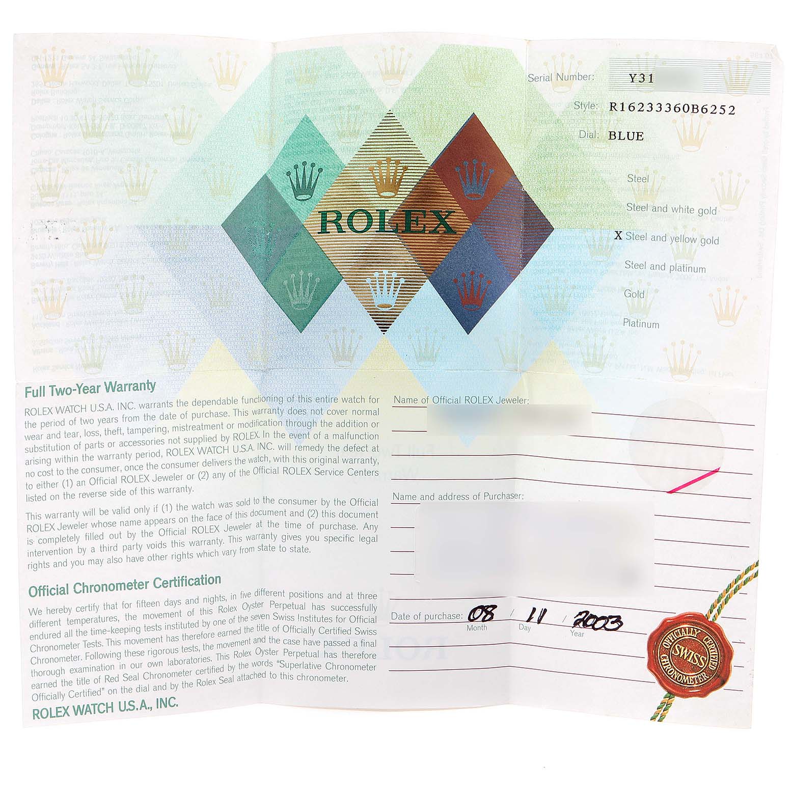 This is a warranty and certification document for a Rolex Datejust 16233 Men's Steel and Gold (two tone) Blue Dial 16233 Men's Steel and Gold (two tone) Blue Dial watch with a blue dial.