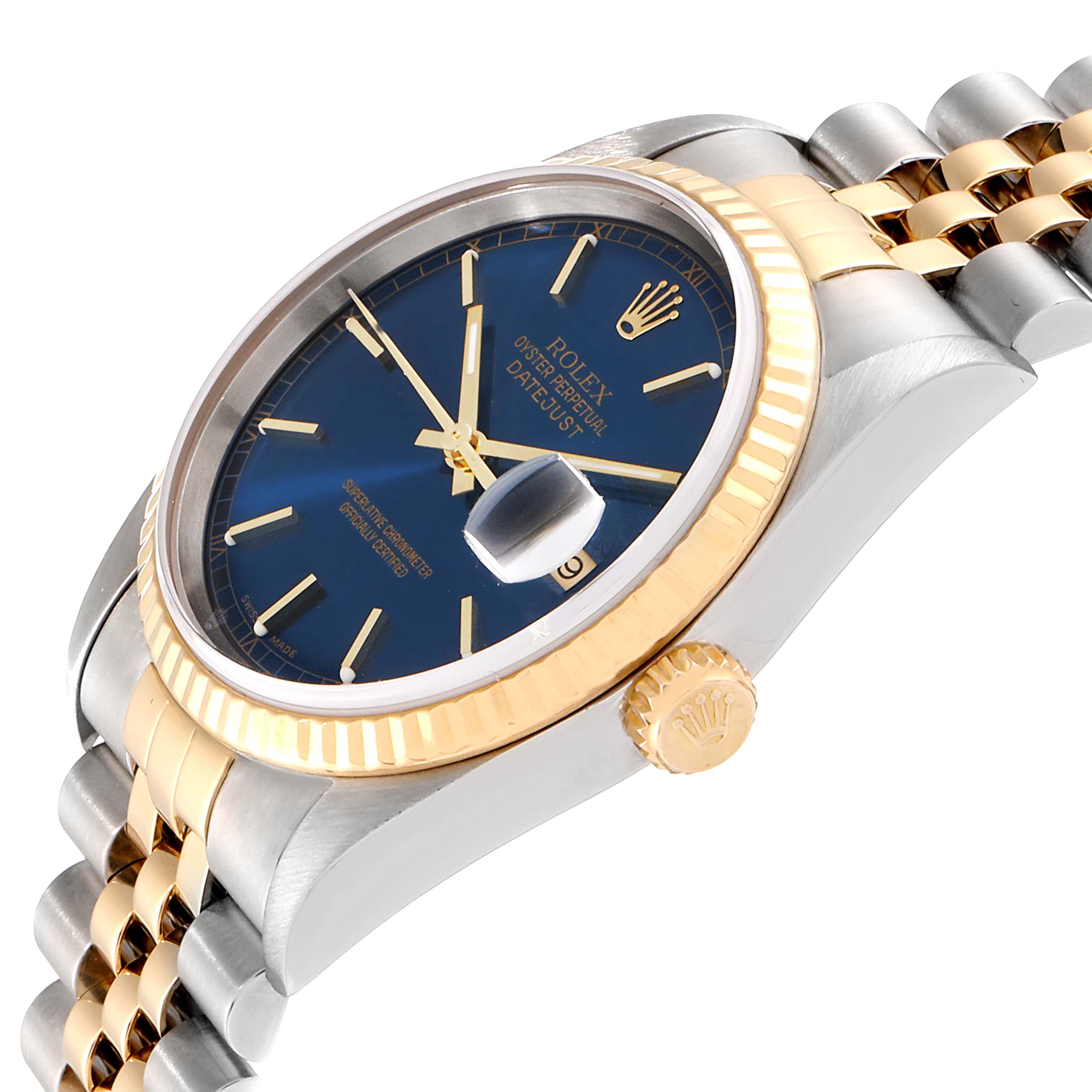 This image shows a Rolex Datejust 16233 Men's Steel and Gold (two tone) Blue Dial 16233 Men's Steel and Gold (two tone) Blue Dial watch at an angle, highlighting its dial, bezel, crown, and jubilee bracelet.