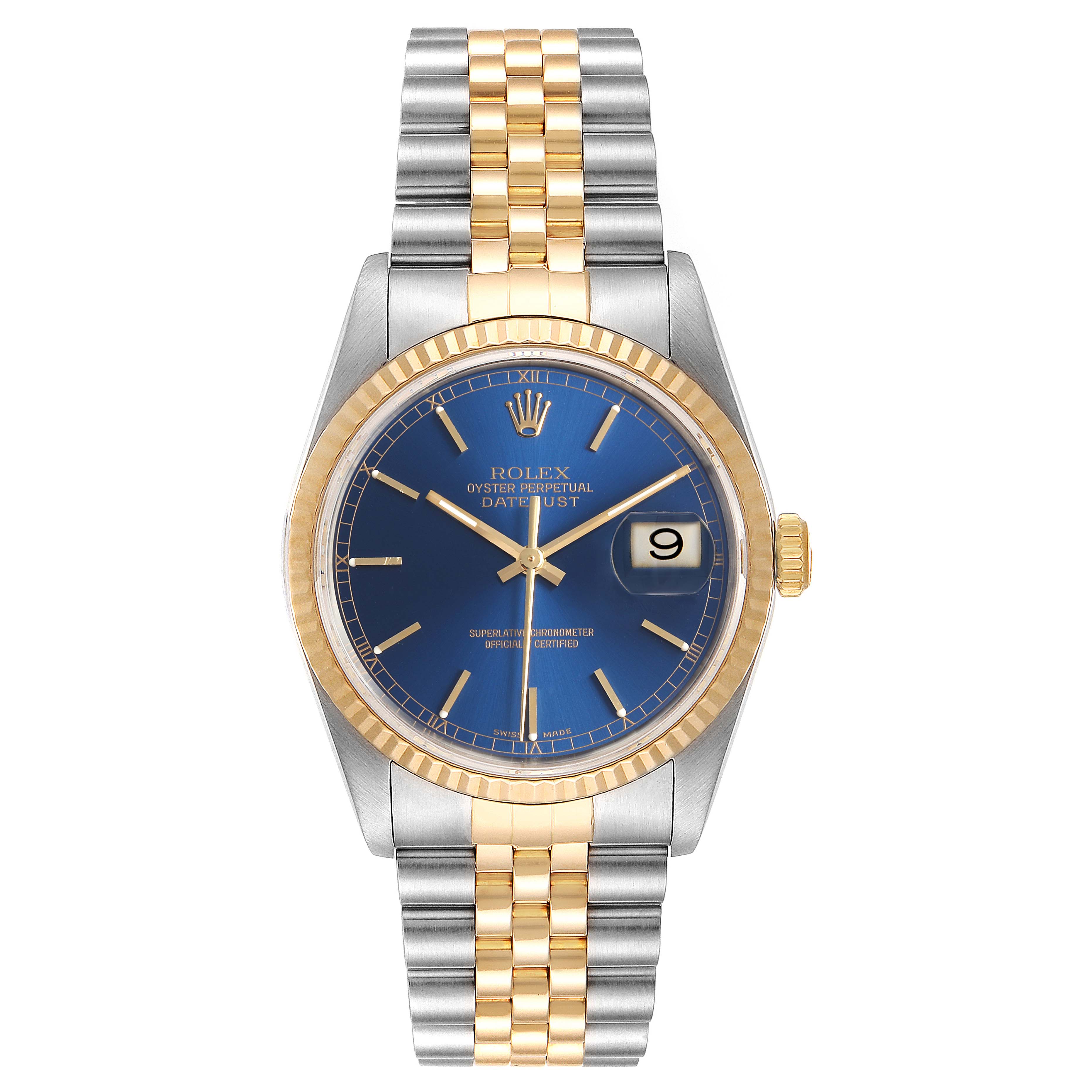 The image shows a Rolex Datejust 16233 Men's Steel and Gold (two tone) Blue Dial 16233 Men's Steel and Gold (two tone) Blue Dial watch with a blue dial, gold bezel, and a two-tone metal bracelet from the front.