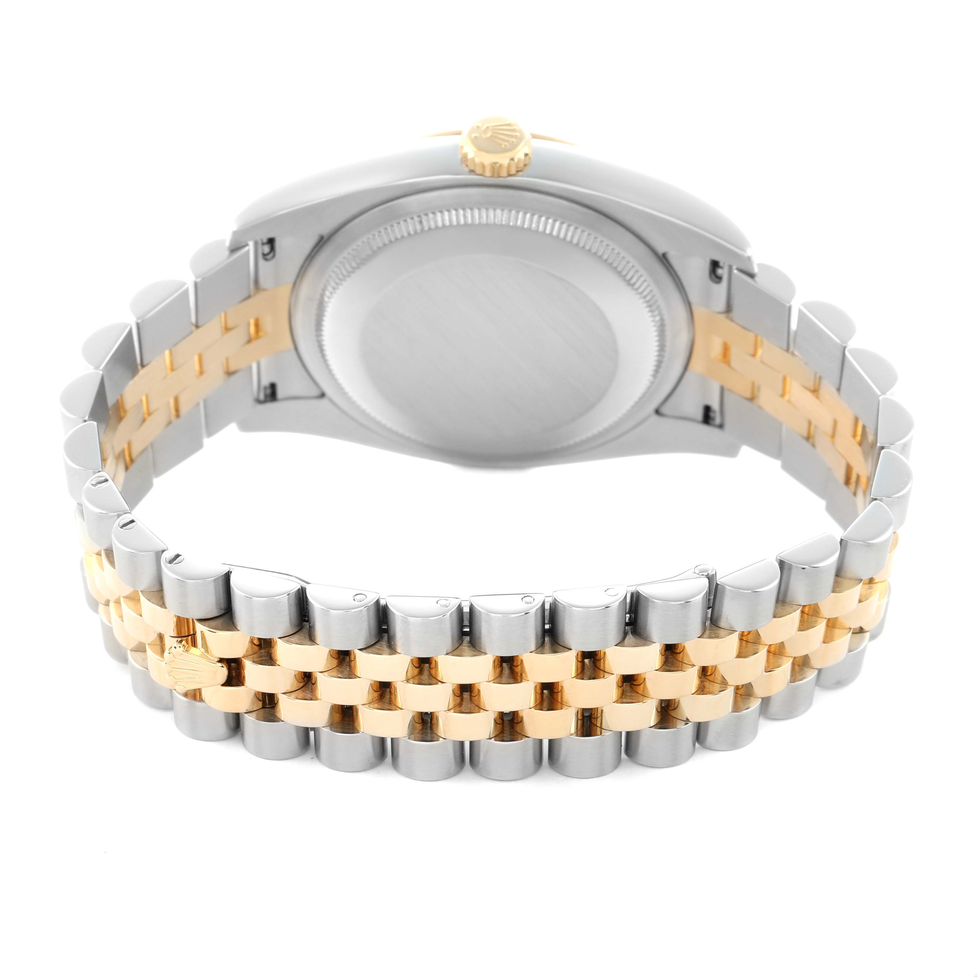 The Rolex Datejust 116233 Men
s Steel and Gold (two tone) Champagne Dial watch is shown from the back, highlighting the two-tone bracelet and closed case back.