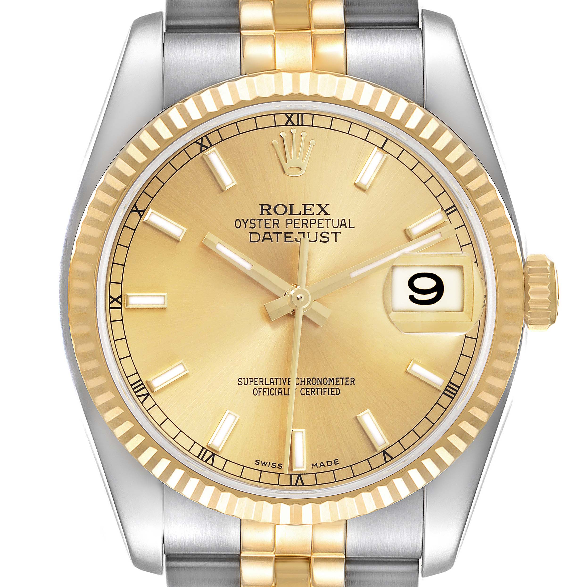 The Rolex Datejust 116233 Men
s Steel and Gold (two tone) Champagne Dial watch is shown from a front angle, highlighting its dial, bezel, and a portion of the bracelet.