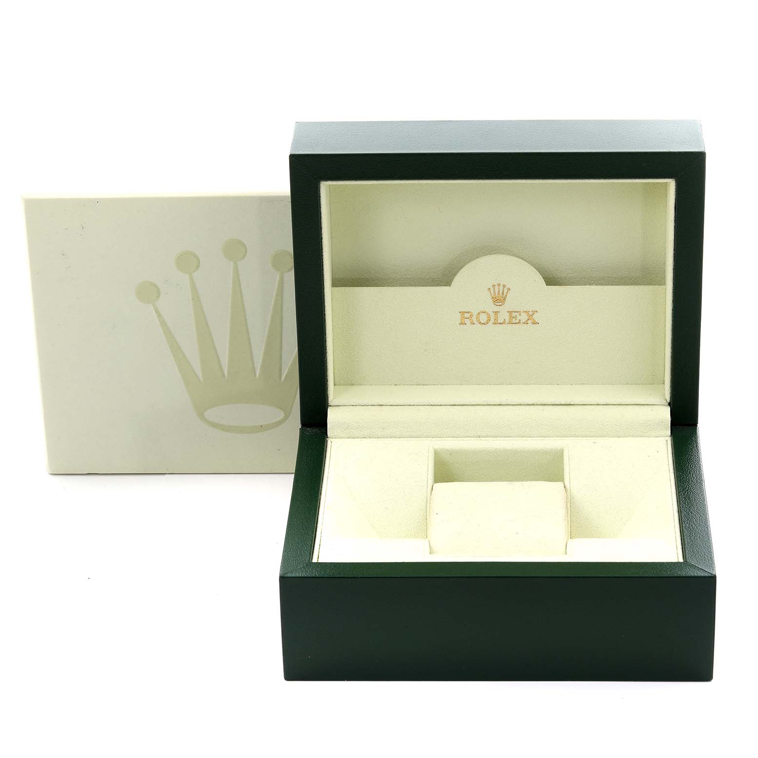 The image shows an open Rolex Datejust 116233 Men
s Steel and Gold (two tone) Champagne Dial watch box at a front angle with the inner cushion and outer sleeve visible.