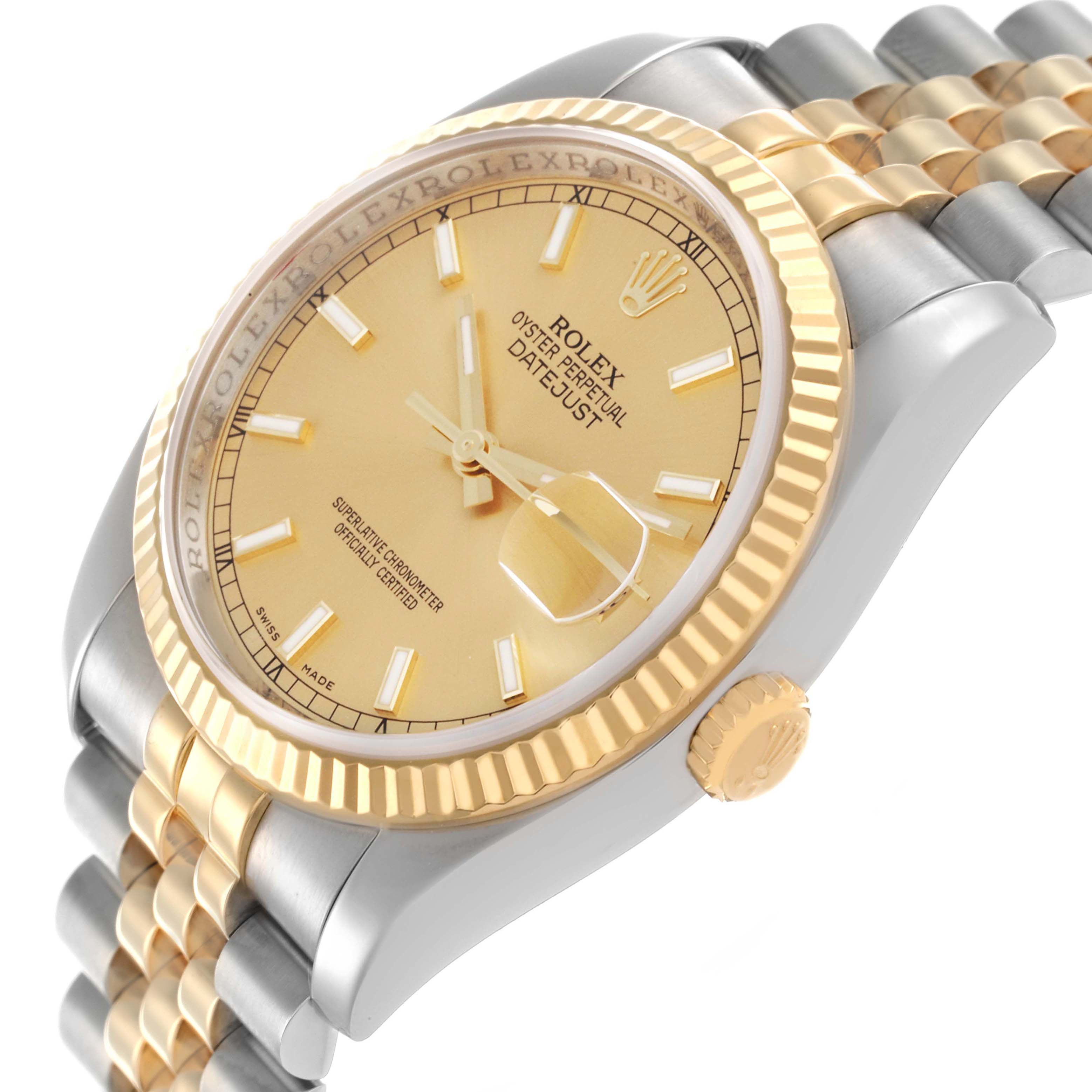 The image shows a Rolex Datejust 116233 Men
s Steel and Gold (two tone) Champagne Dial watch at a three-quarter angle, highlighting its gold dial, bezel, and two-tone bracelet.