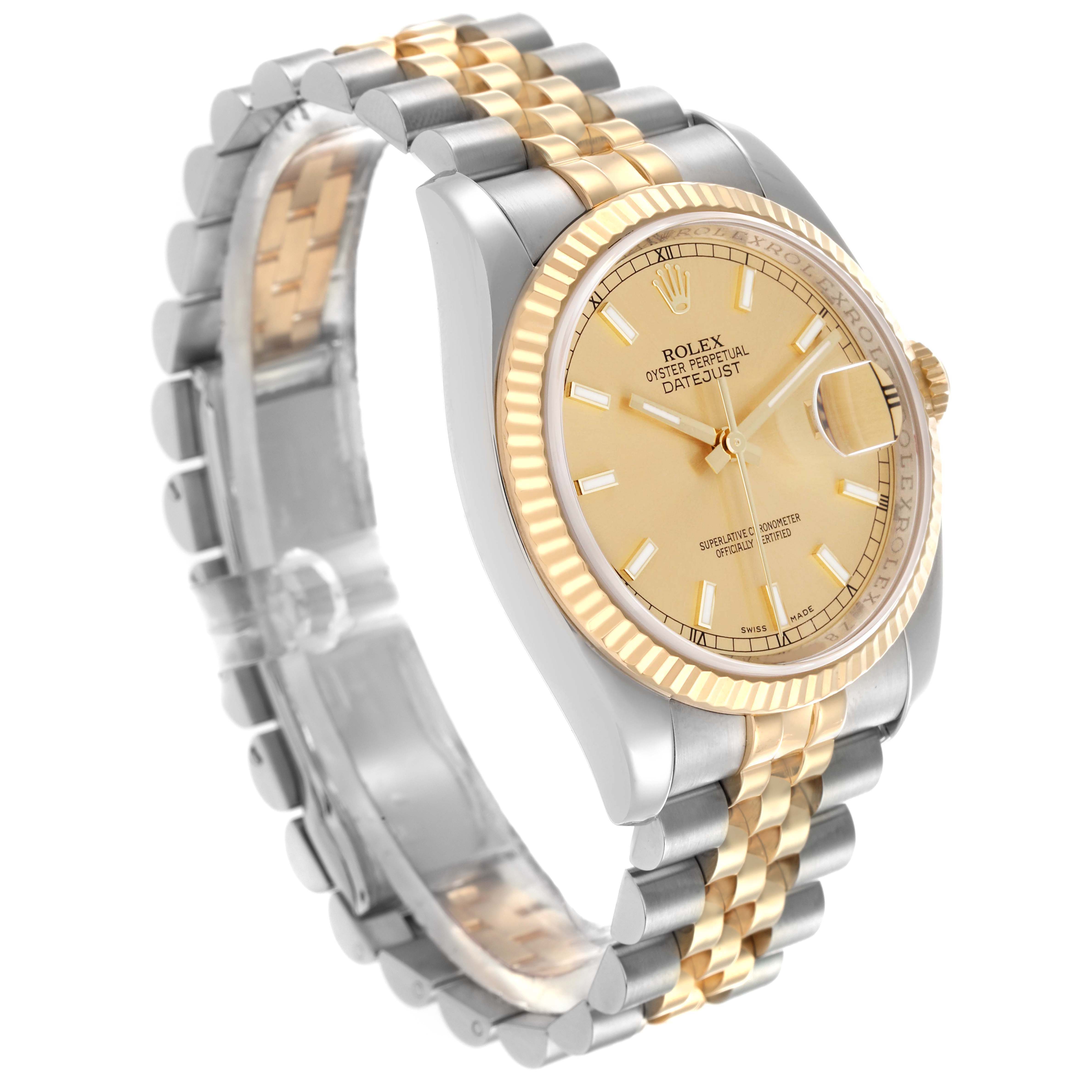 The Rolex Datejust 116233 Men
s Steel and Gold (two tone) Champagne Dial watch is shown at a three-quarter angle, displaying the dial, fluted bezel, crown, and Jubilee bracelet.