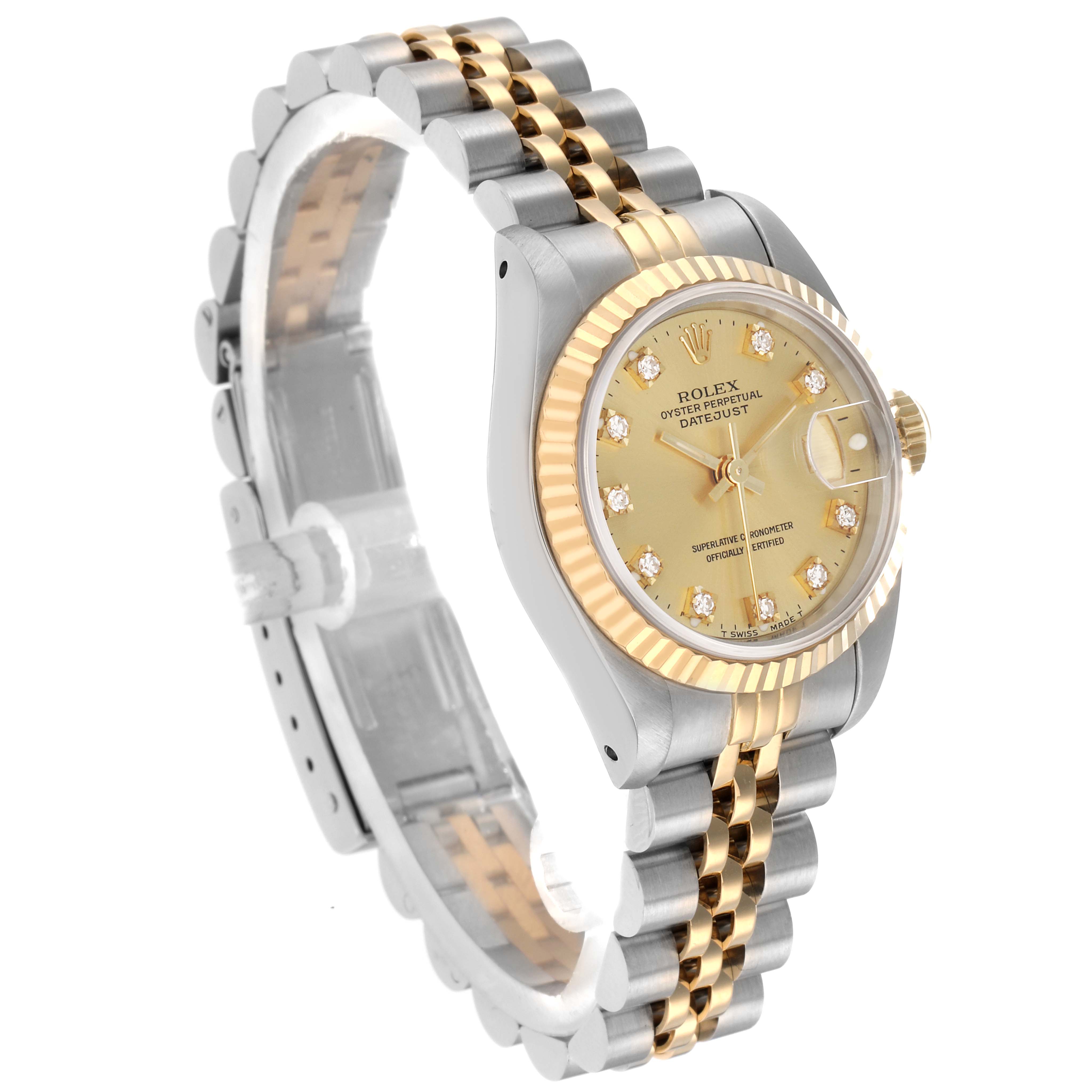 The Rolex Datejust 69173 Women
s Steel and Gold (two tone) Champagne Dial watch is shown at a three-quarter angle, displaying the dial, case, bezel, and partial bracelet.