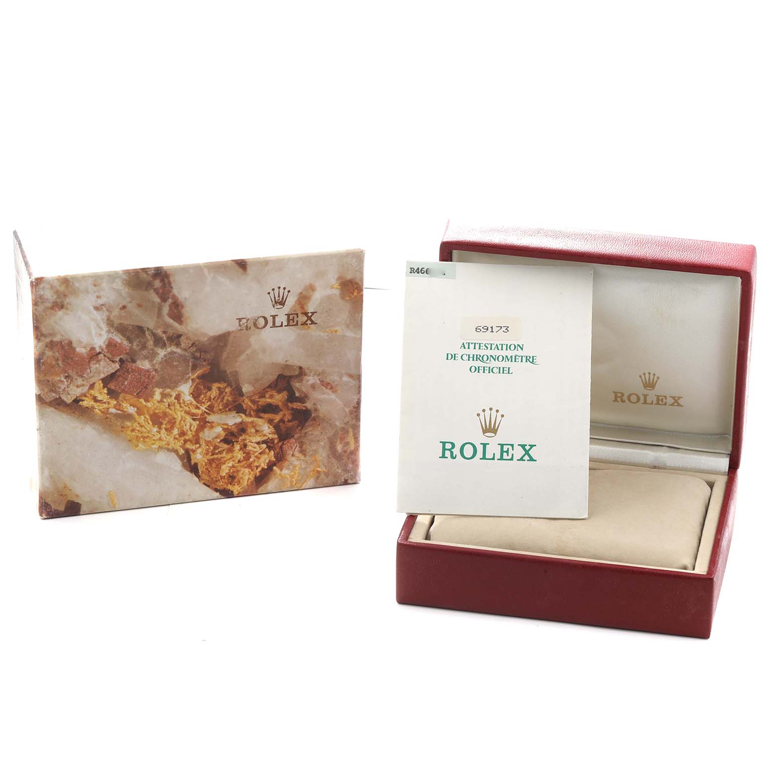 The image shows a Rolex Datejust 69173 Women
s Steel and Gold (two tone) Champagne Dial box, outer box, and certification booklet from a front angle.