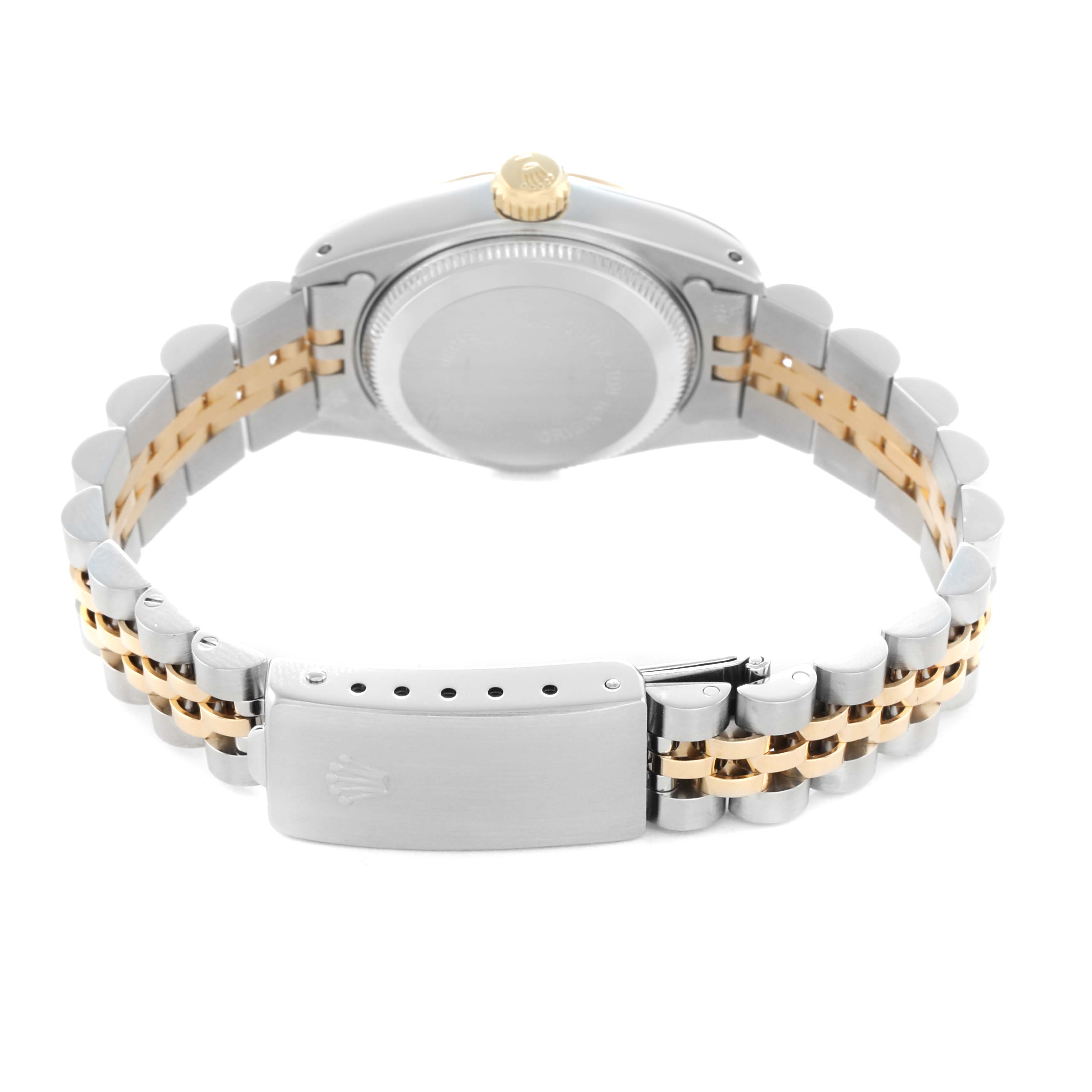 The image shows the back of a Rolex Datejust 69173 Women
s Steel and Gold (two tone) Champagne Dial, focusing on the case back, crown, and two-tone bracelet with clasp.