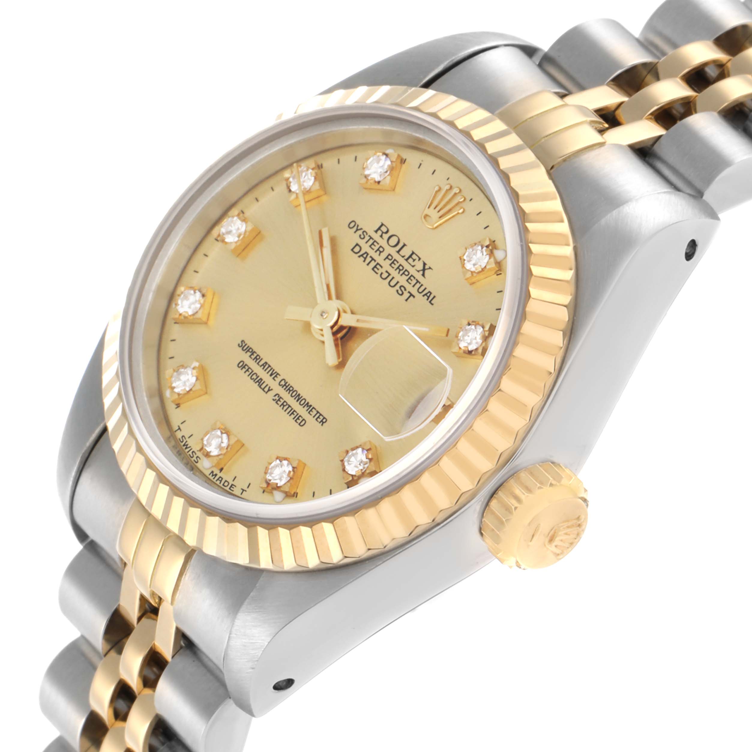 The Rolex Datejust 69173 Women
s Steel and Gold (two tone) Champagne Dial watch is shown at an angled view highlighting the dial, bezel, and crown, with part of the bracelet visible.