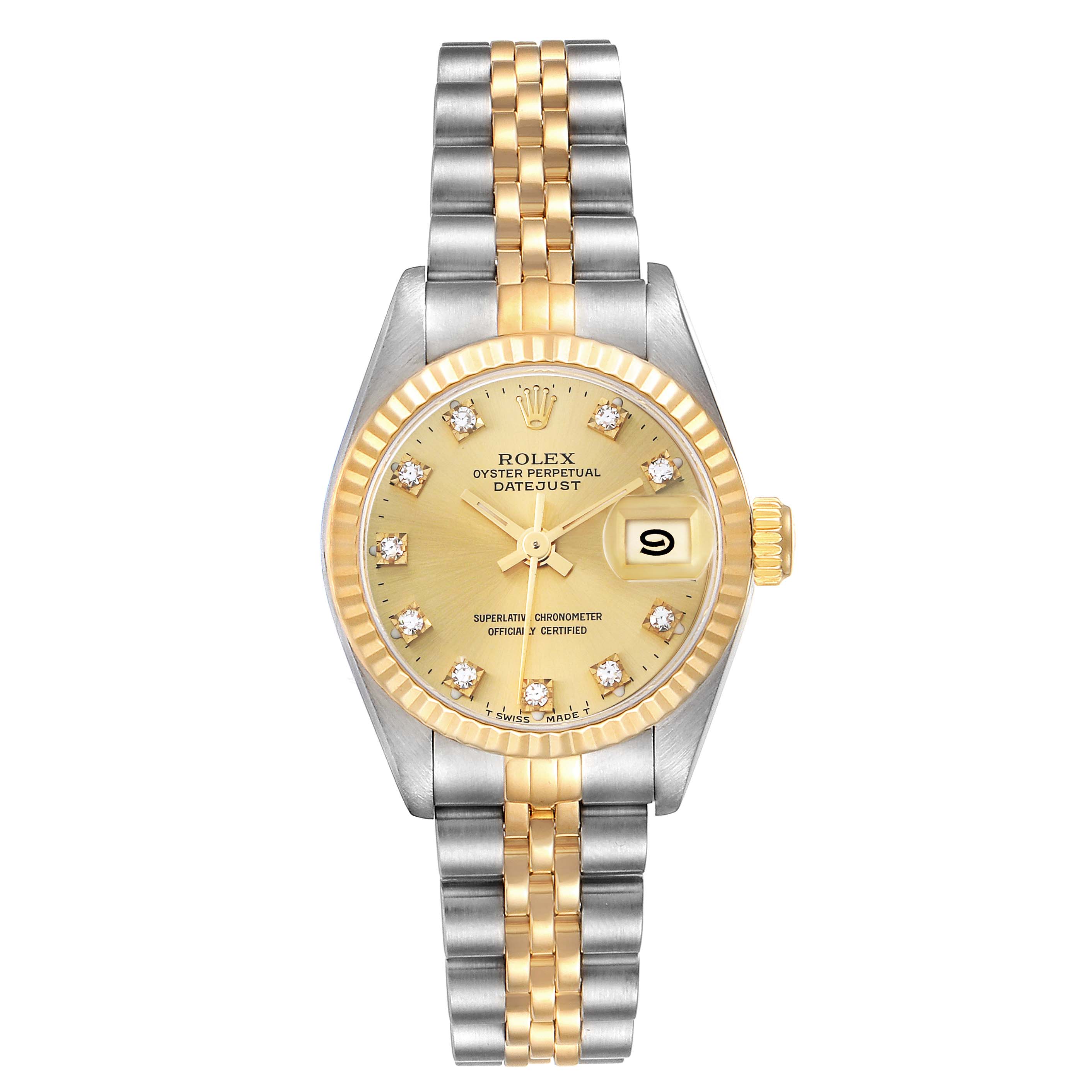 The Rolex Datejust 69173 Women
s Steel and Gold (two tone) Champagne Dial watch is shown from a front angle, highlighting the dial, bezel, bracelet, and crown.