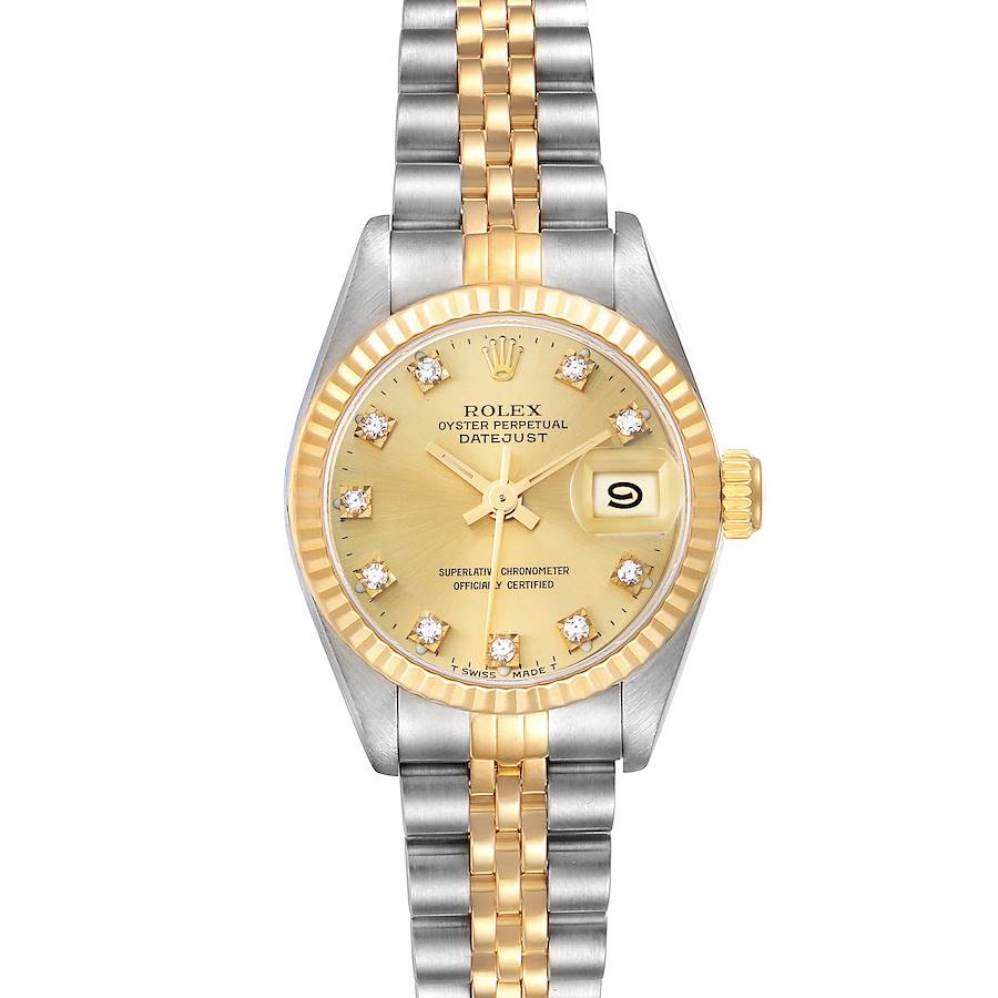 The Rolex Datejust 69173 Women's Steel and Gold (two tone) Champagne Dial watch is shown from the front, displaying the dial, fluted bezel, jubilee bracelet, and cyclops lens over the date.