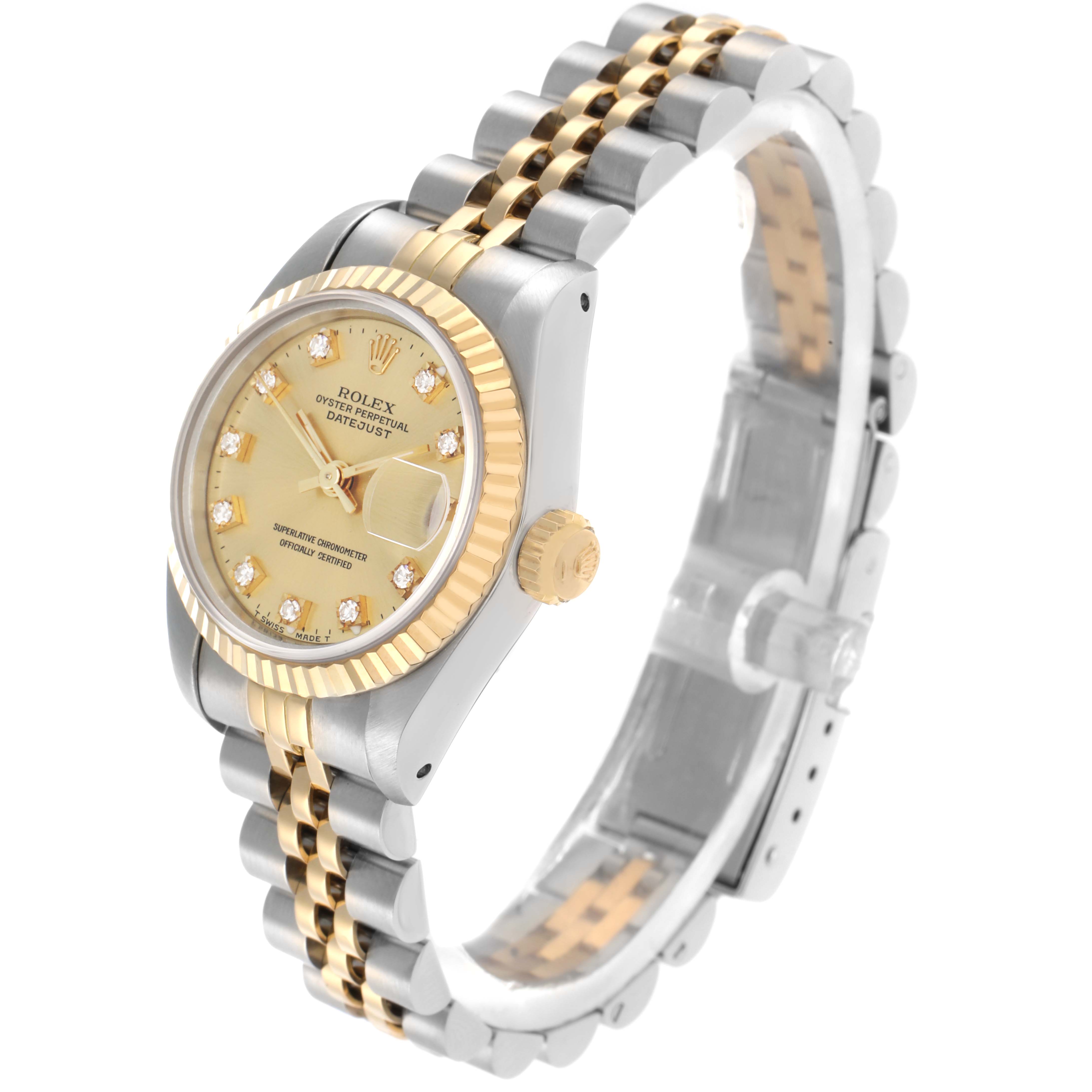 The Rolex Datejust 69173 Women
s Steel and Gold (two tone) Champagne Dial watch is shown at a three-quarter angle, highlighting the dial, fluted bezel, and two-tone Jubilee bracelet.