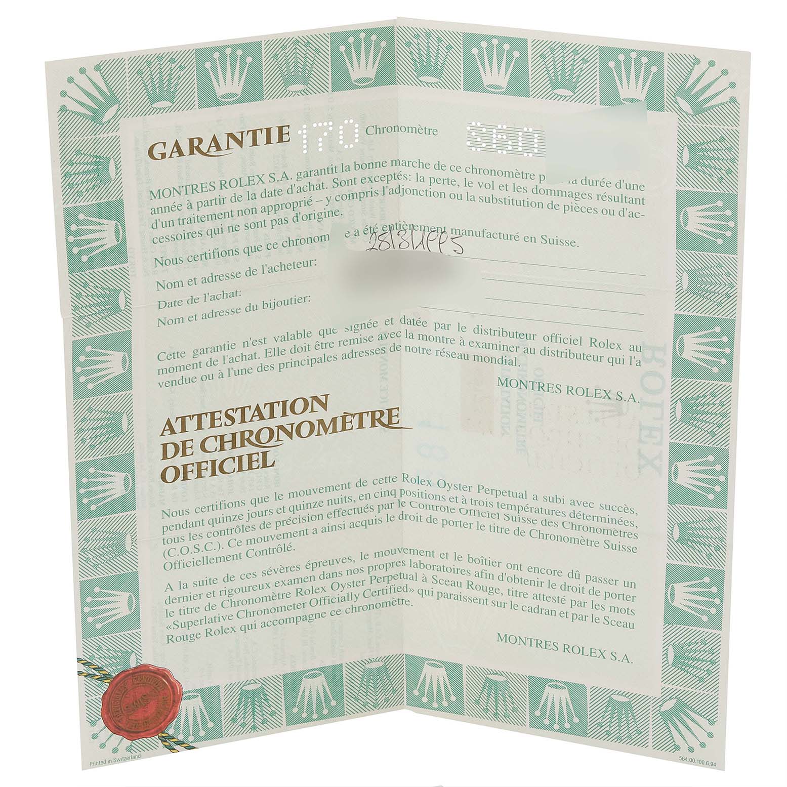 This image shows a warranty card and certification papers for the Rolex Datejust 69173 Women's Steel and Gold (two tone) White Dial 69173 Women's Steel and Gold (two tone) White Dial model.