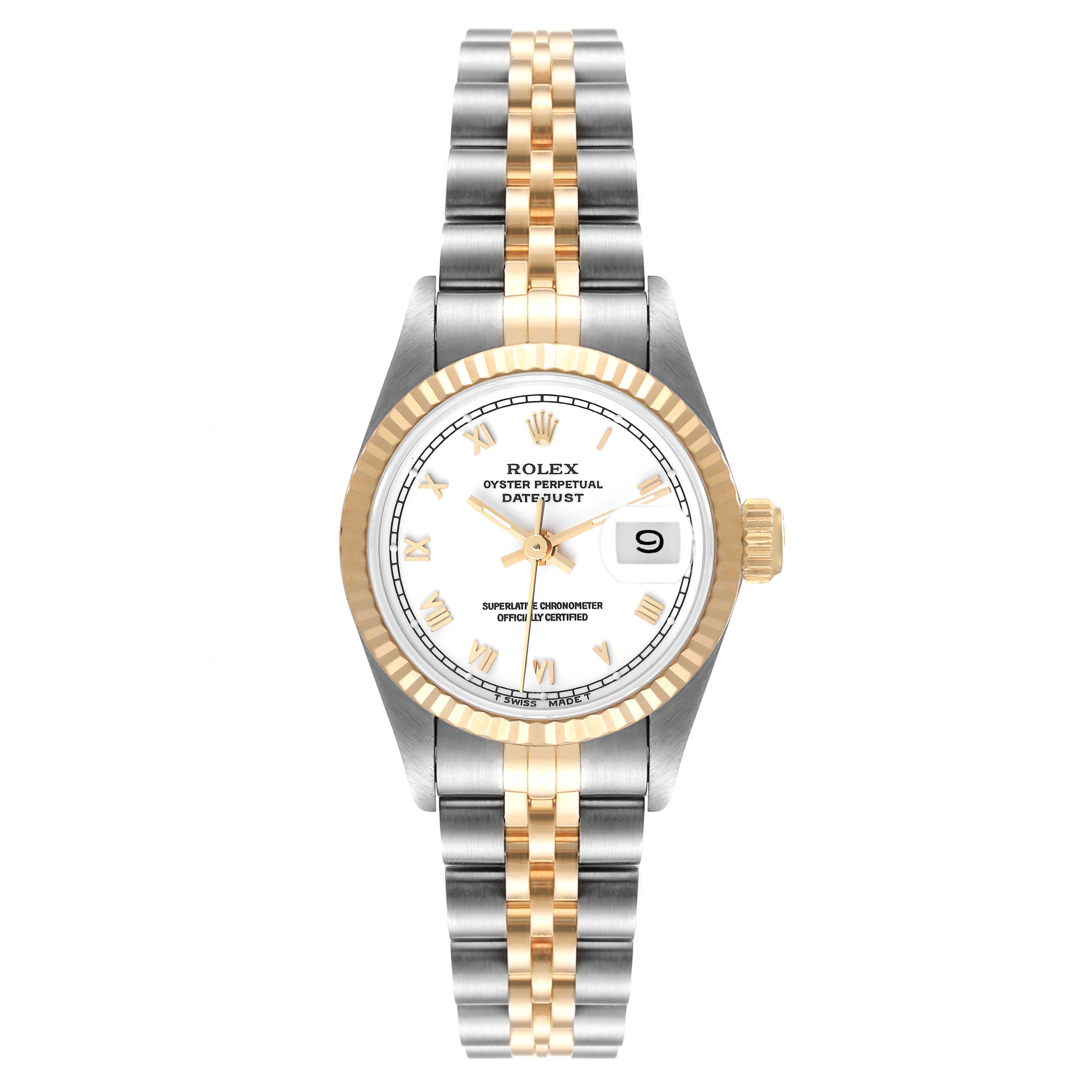 The Rolex Datejust 69173 Women's Steel and Gold (two tone) White Dial 69173 Women's Steel and Gold (two tone) White Dial watch is shown from a top-down angle, displaying its face, fluted bezel, and two-tone Jubilee bracelet.