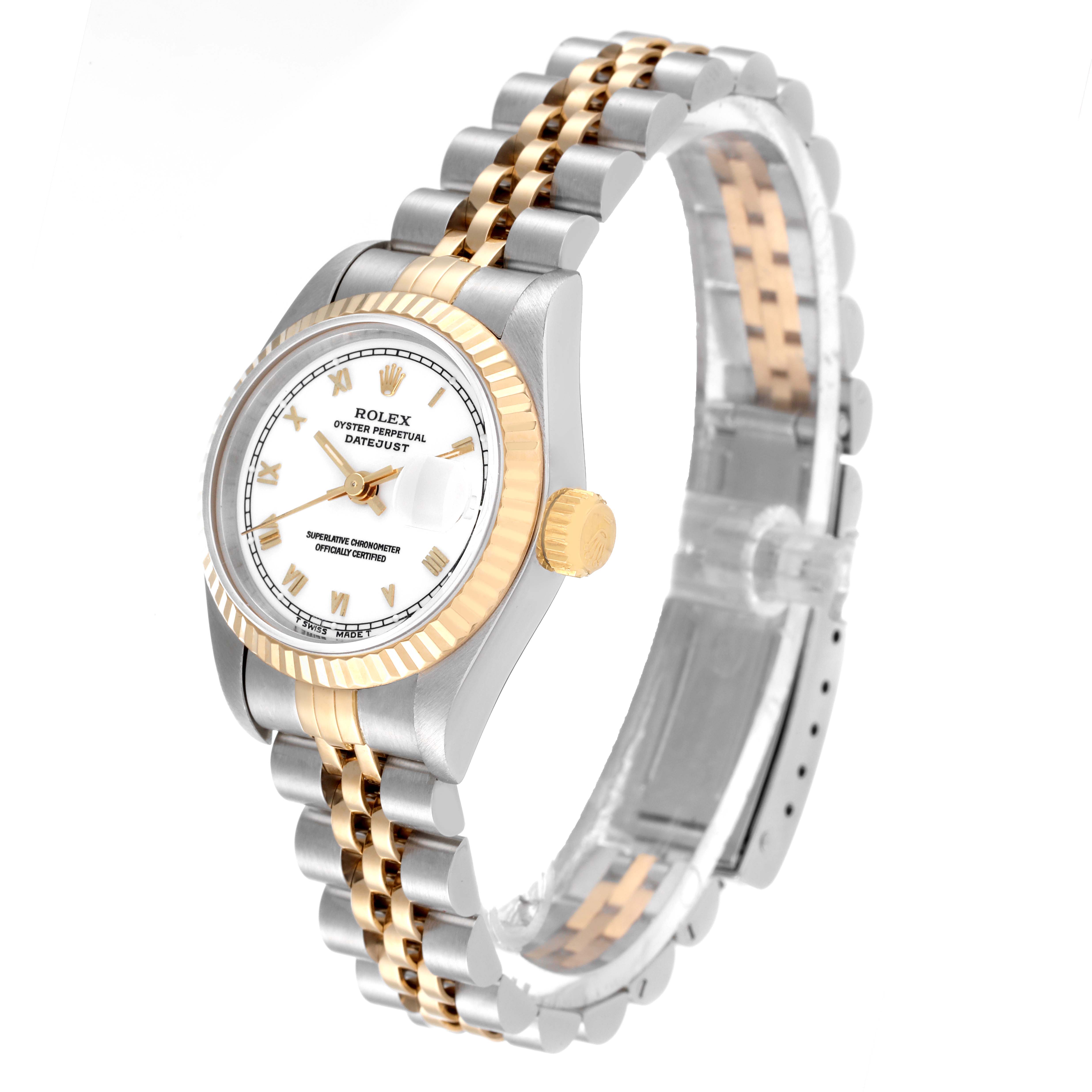 The image shows a Rolex Datejust 69173 Women's Steel and Gold (two tone) White Dial 69173 Women's Steel and Gold (two tone) White Dial watch at a slight angle, highlighting the dial, bezel, crown, and two-tone bracelet.