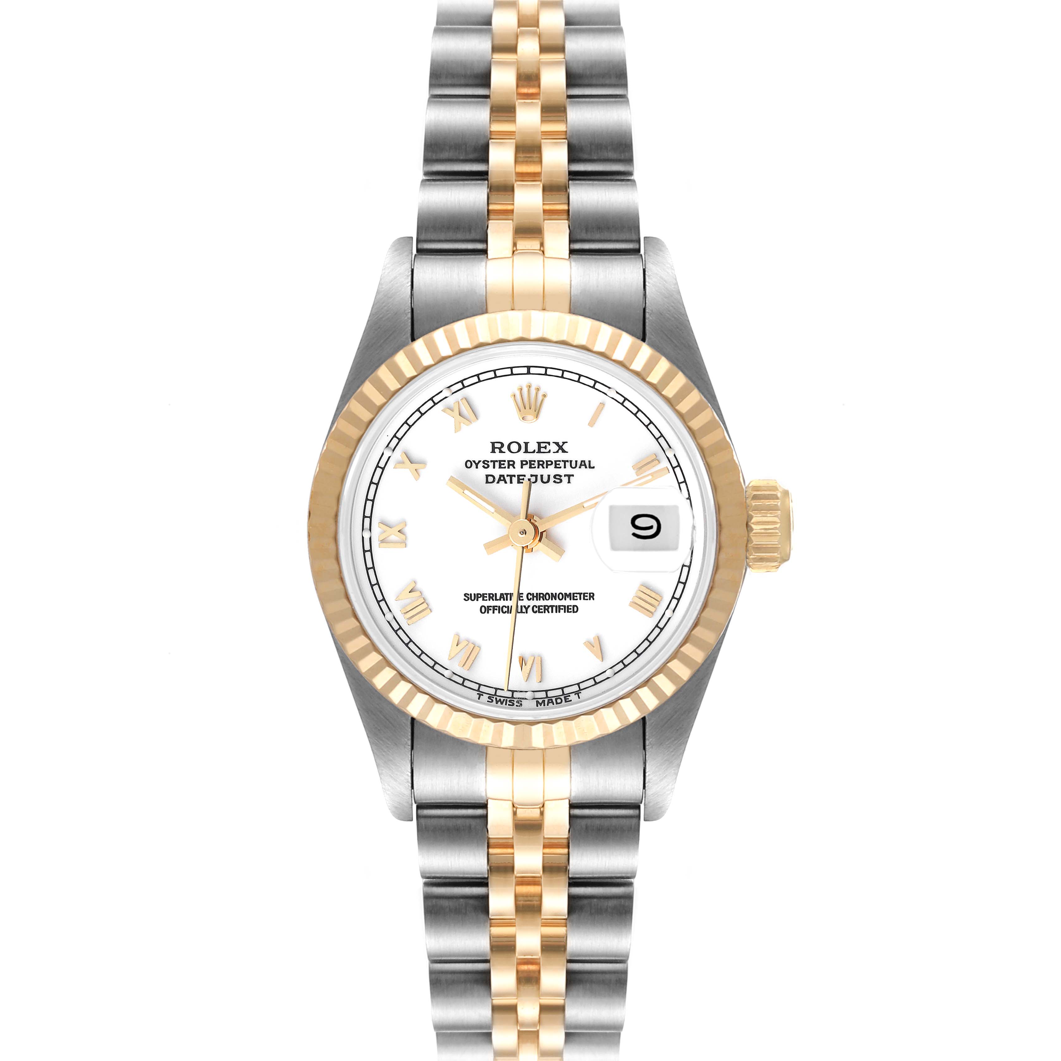 The Rolex Datejust 69173 Women's Steel and Gold (two tone) White Dial 69173 Women's Steel and Gold (two tone) White Dial watch is shown from a top-down angle, displaying its face, bezel, and bracelet clearly.