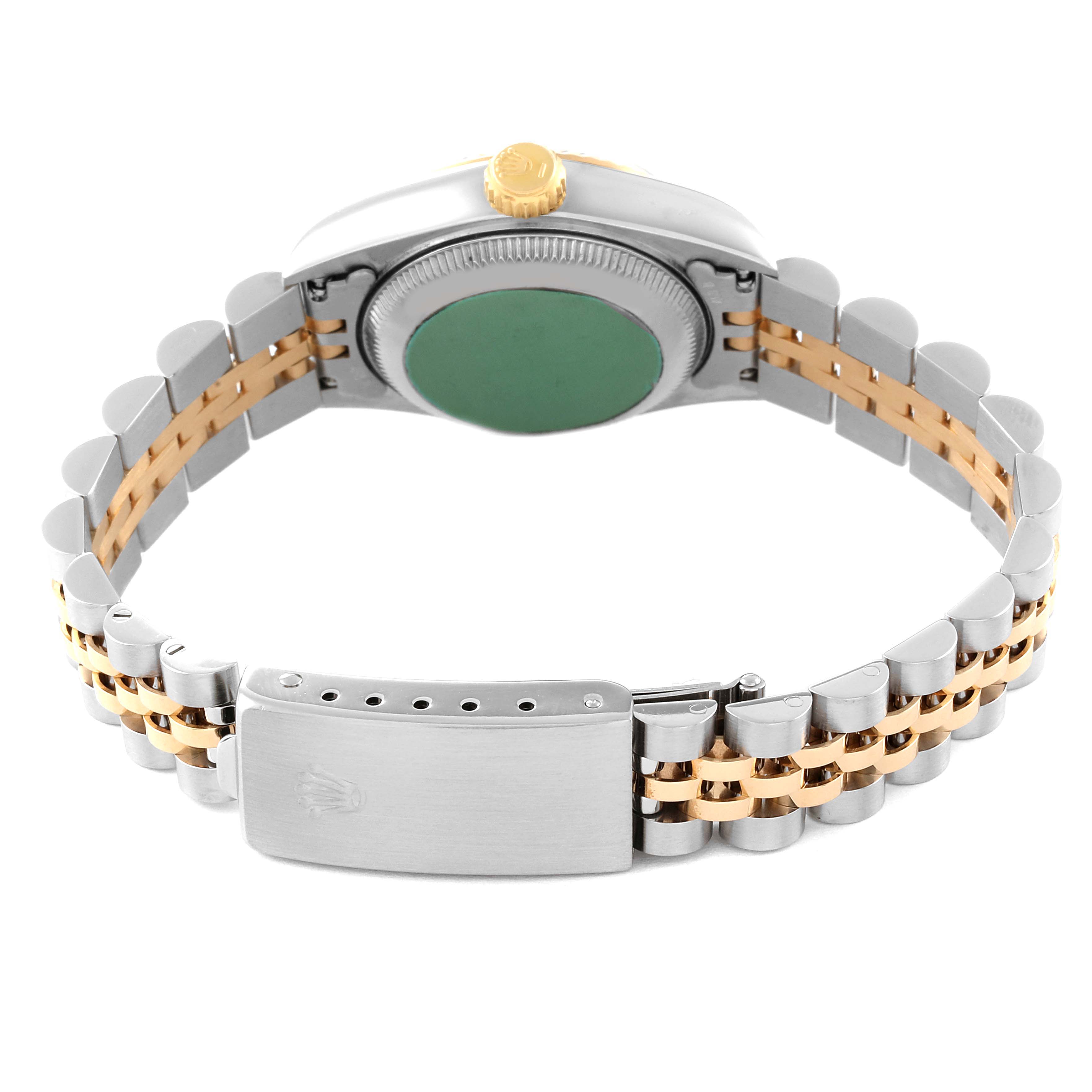 This image shows the backside of a Rolex Datejust 69173 Women's Steel and Gold (two tone) White Dial 69173 Women's Steel and Gold (two tone) White Dial watch, highlighting the clasp, case back, and two-tone bracelet.