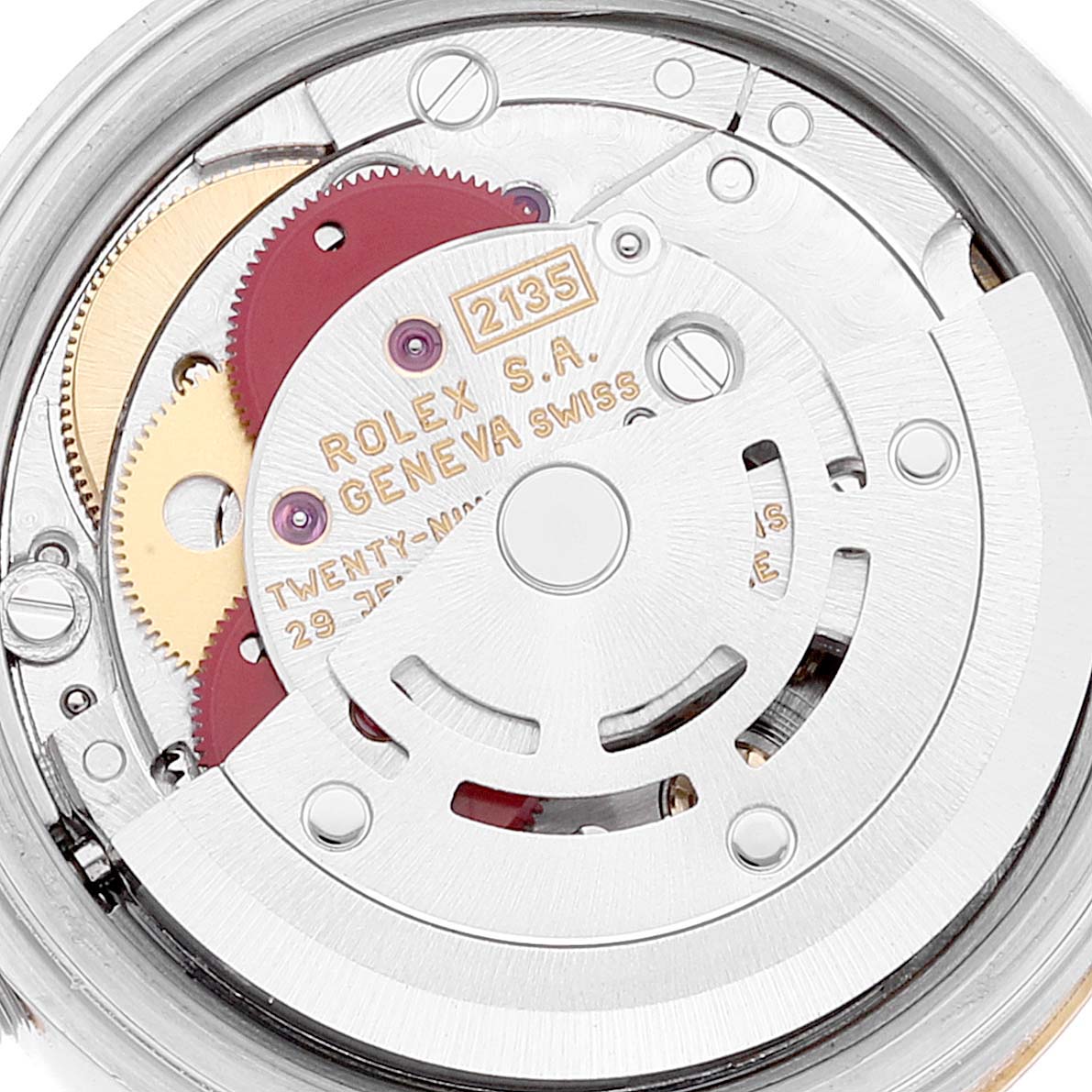 This image shows the internal mechanics and movement of the Rolex Datejust 69173 Women's Steel and Gold (two tone) White Dial 69173 Women's Steel and Gold (two tone) White Dial watch, focusing on its intricate components.