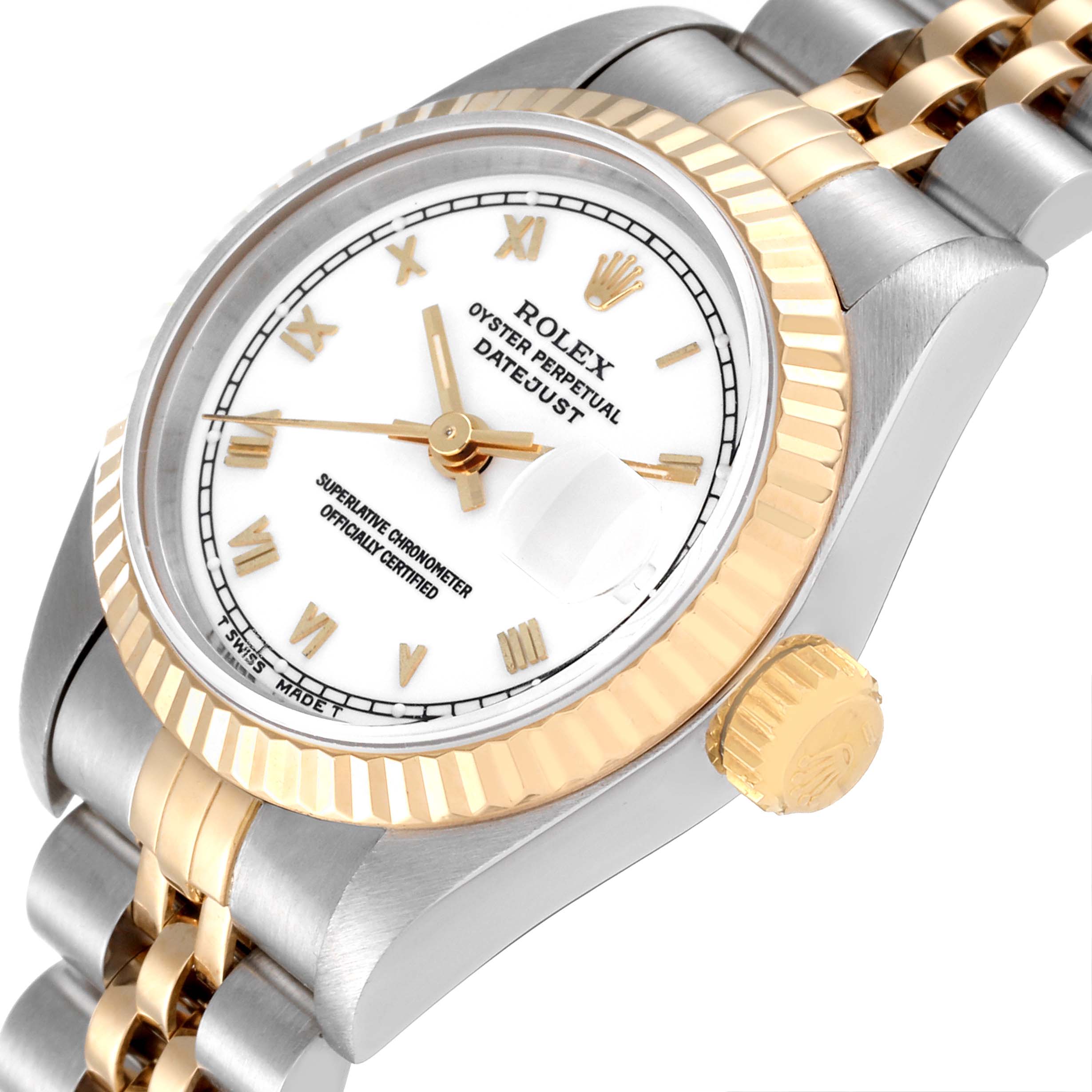 The image shows a Rolex Datejust 69173 Women's Steel and Gold (two tone) White Dial 69173 Women's Steel and Gold (two tone) White Dial watch at an angled close-up, highlighting its dial, bezel, crown, and bracelet.