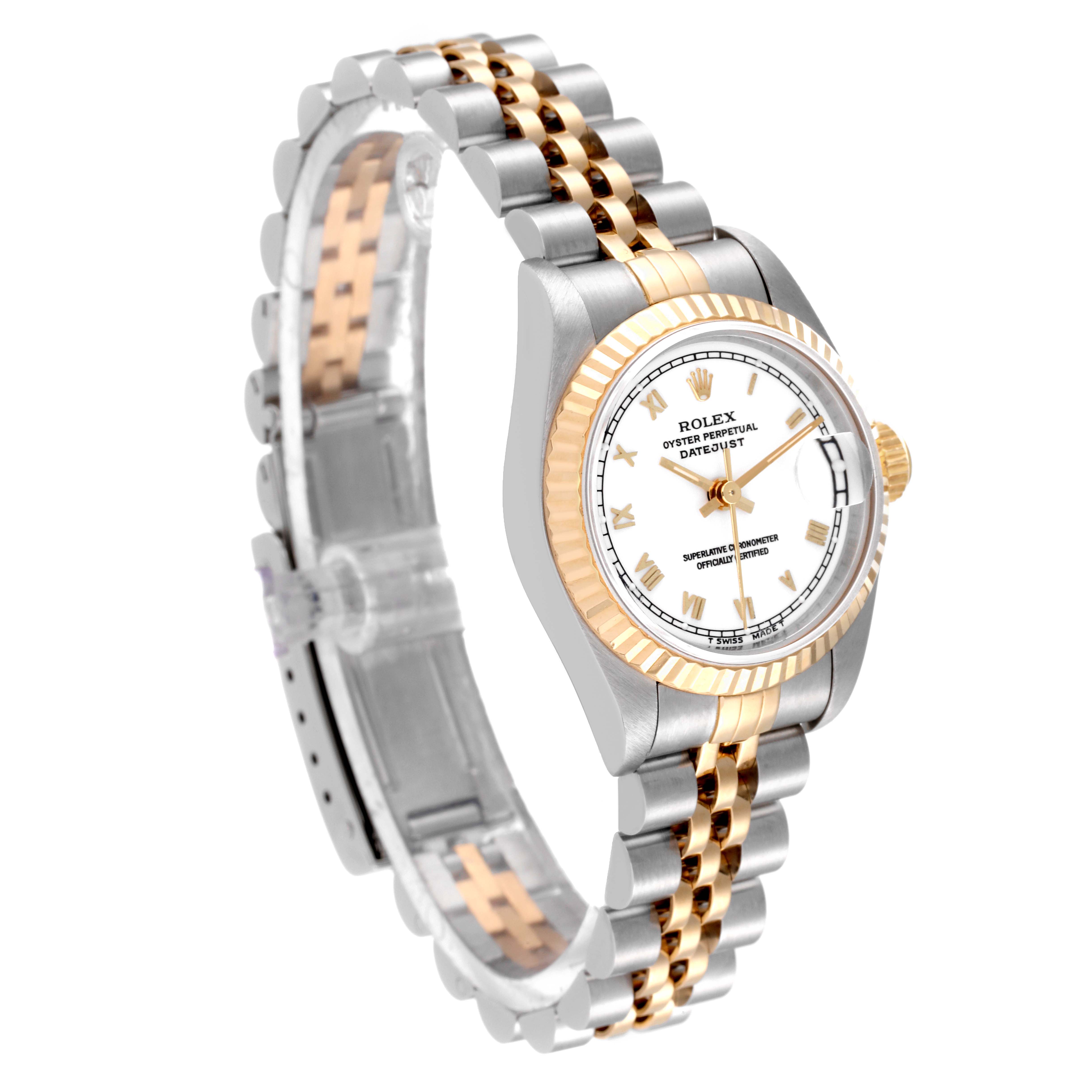 This image shows a side view of a Rolex Datejust 69173 Women's Steel and Gold (two tone) White Dial 69173 Women's Steel and Gold (two tone) White Dial, highlighting its dial, bezel, crown, and two-tone bracelet.