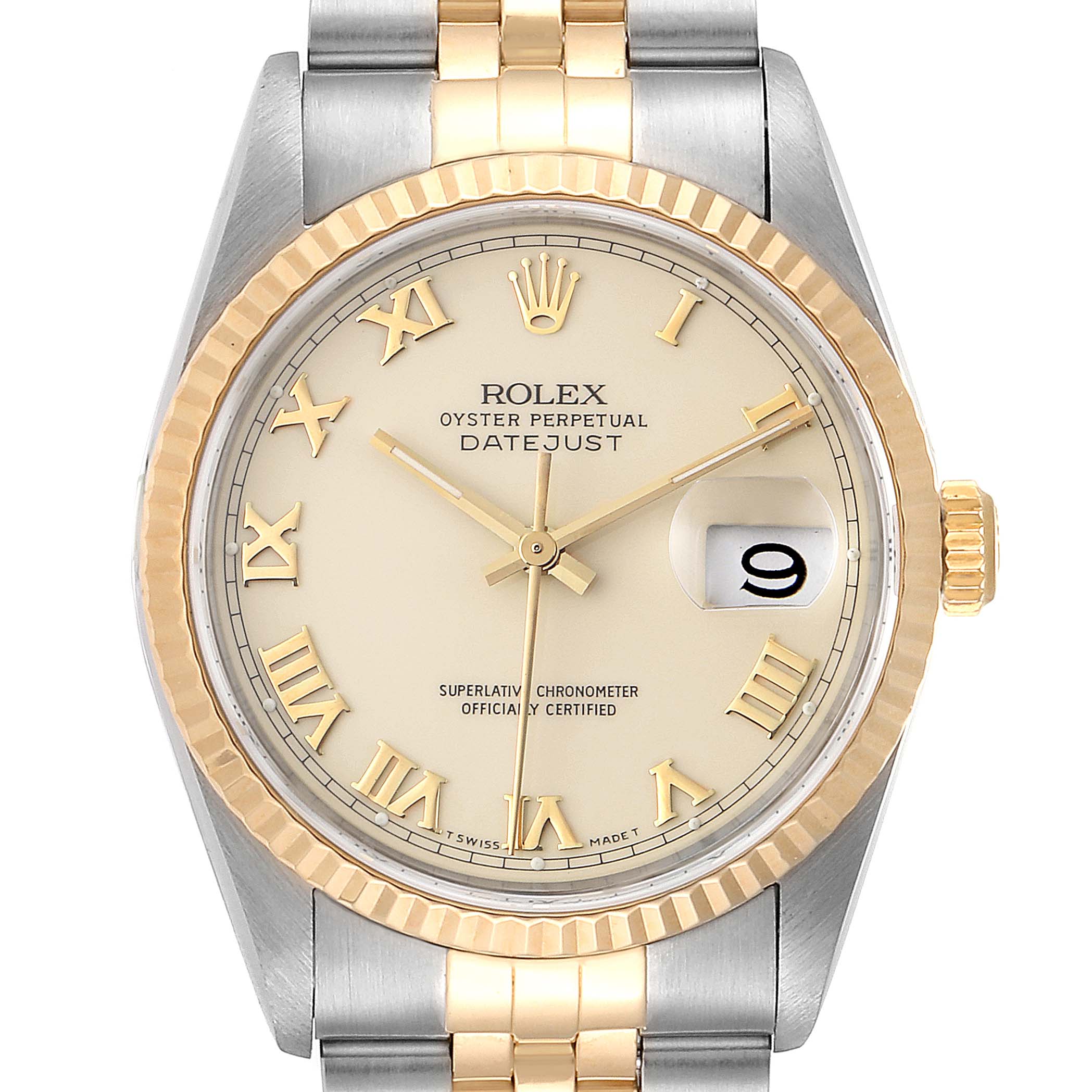The image shows a Rolex Datejust 16233 Men's Steel and Gold (two tone) Beige Dial 16233 Men's Steel and Gold (two tone) Beige Dial watch with a gold bezel, two-tone bracelet, and Roman numeral dial viewed from the front.