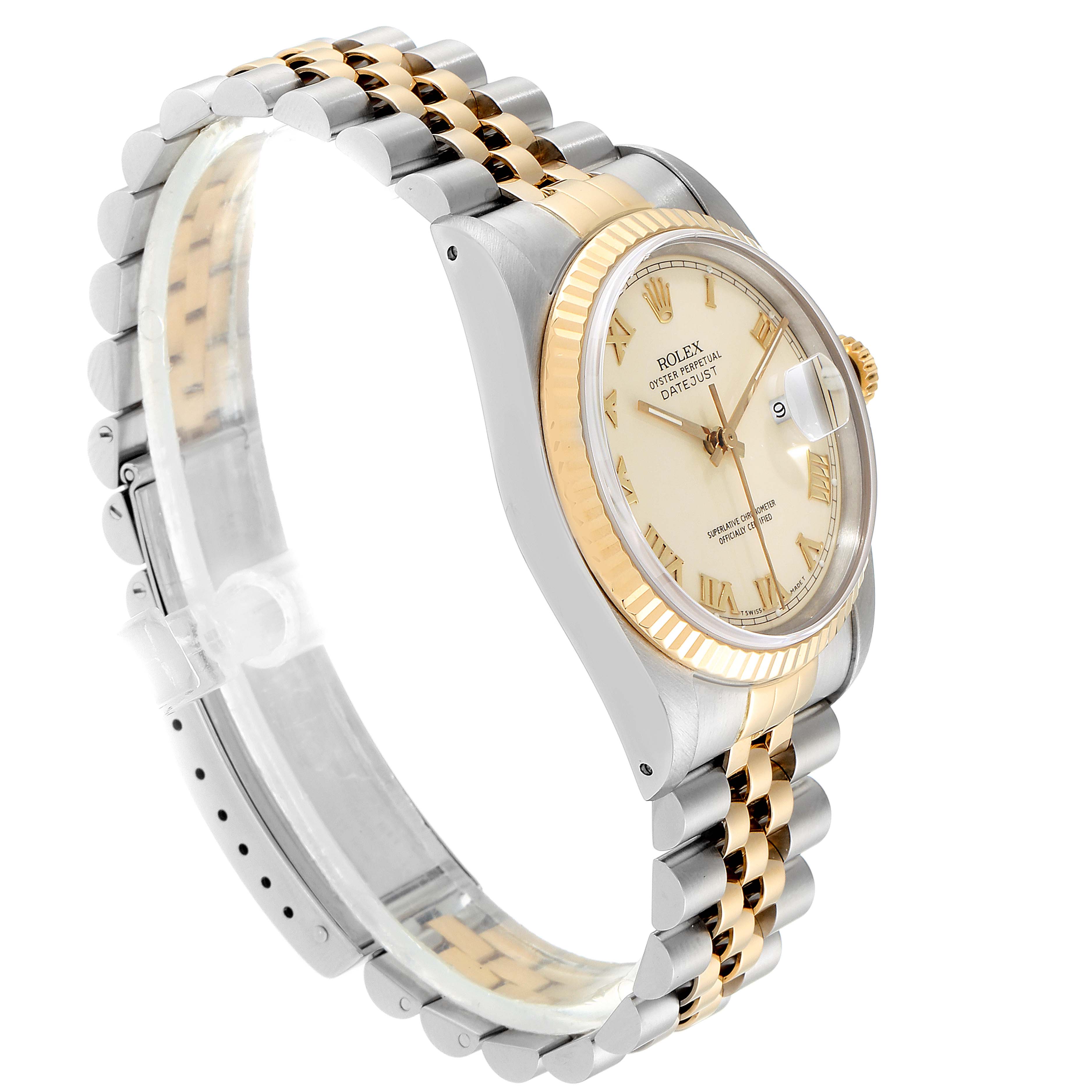 The image shows a side angle view of the Rolex Datejust 16233 Men's Steel and Gold (two tone) Beige Dial 16233 Men's Steel and Gold (two tone) Beige Dial watch, featuring its bezel, dial, crown, and two-tone bracelet.