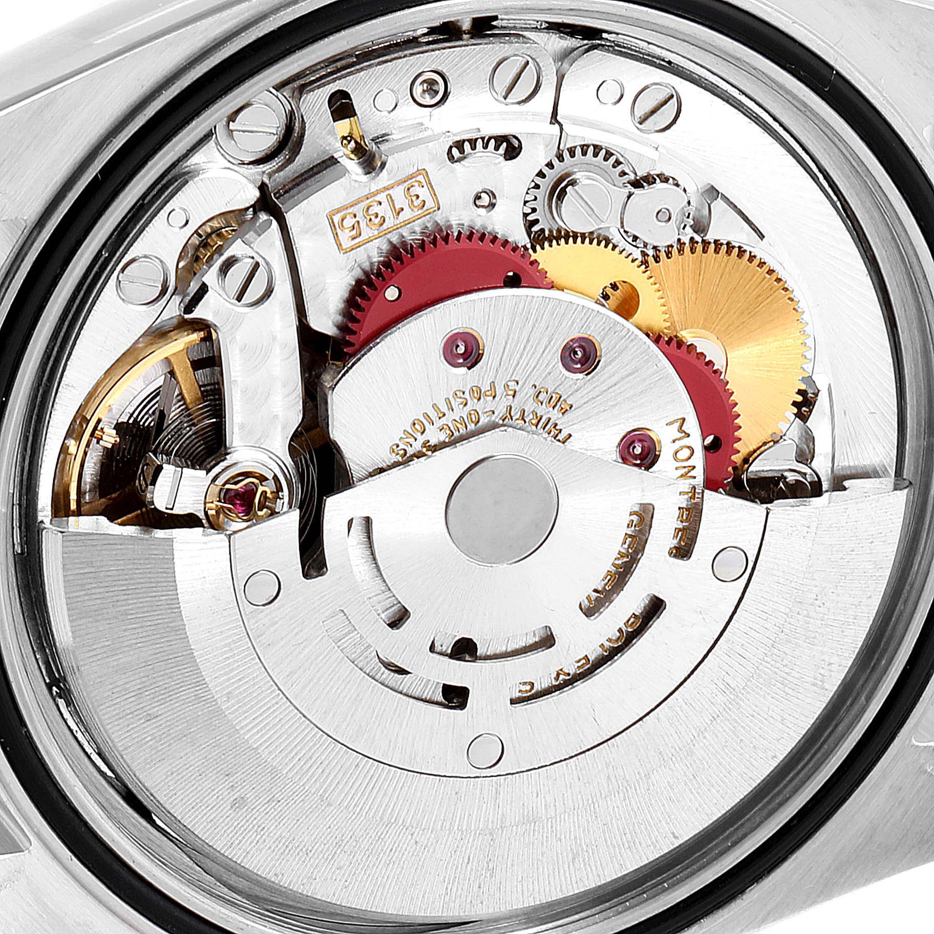 This image shows the intricate internal mechanism of a Rolex Datejust 16233 Men's Steel and Gold (two tone) Beige Dial 16233 Men's Steel and Gold (two tone) Beige Dial watch from a close-up, back angle view.