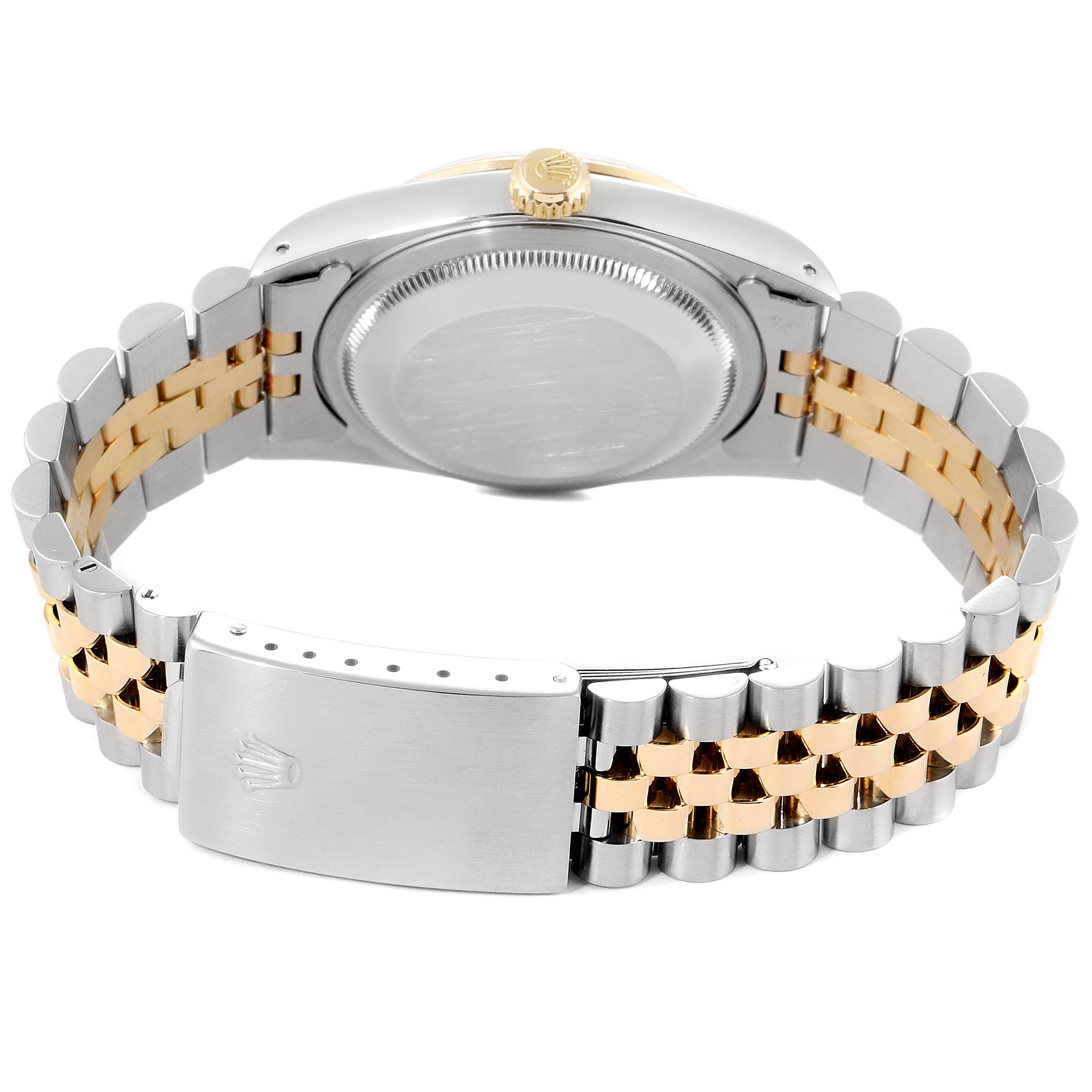 This image shows the back side of a Rolex Datejust 16233 Men's Steel and Gold (two tone) Beige Dial 16233 Men's Steel and Gold (two tone) Beige Dial watch, highlighting its case back, crown, and two-tone bracelet with a closed clasp.