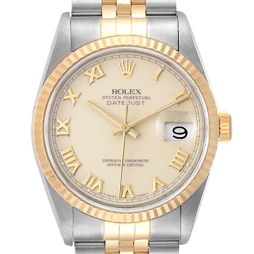 Photo of Rolex Datejust Steel Yellow Gold Ivory Roman Dial Mens Watch 16233
