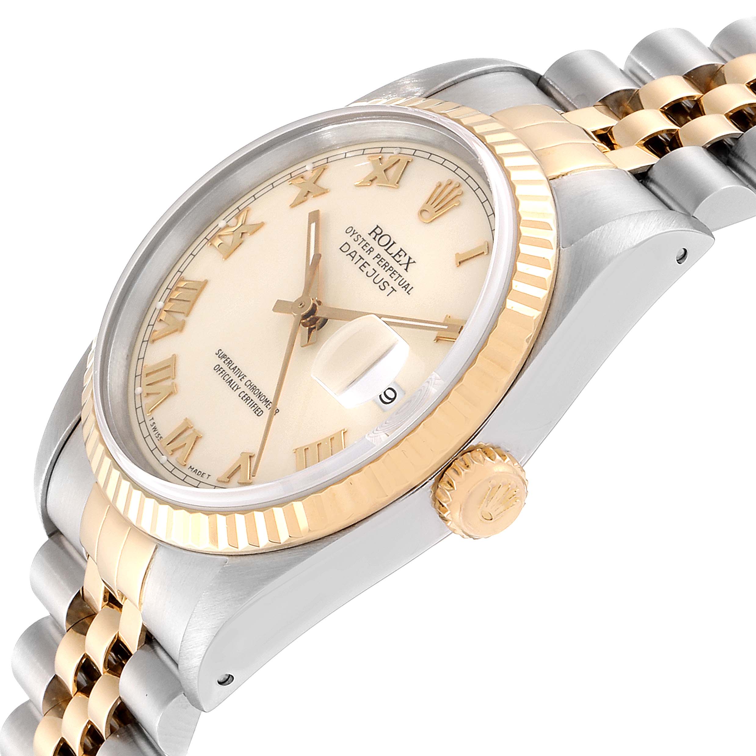 The image shows a side angle of a Rolex Datejust 16233 Men's Steel and Gold (two tone) Beige Dial 16233 Men's Steel and Gold (two tone) Beige Dial watch highlighting the face, bezel, crown, and part of the bracelet.