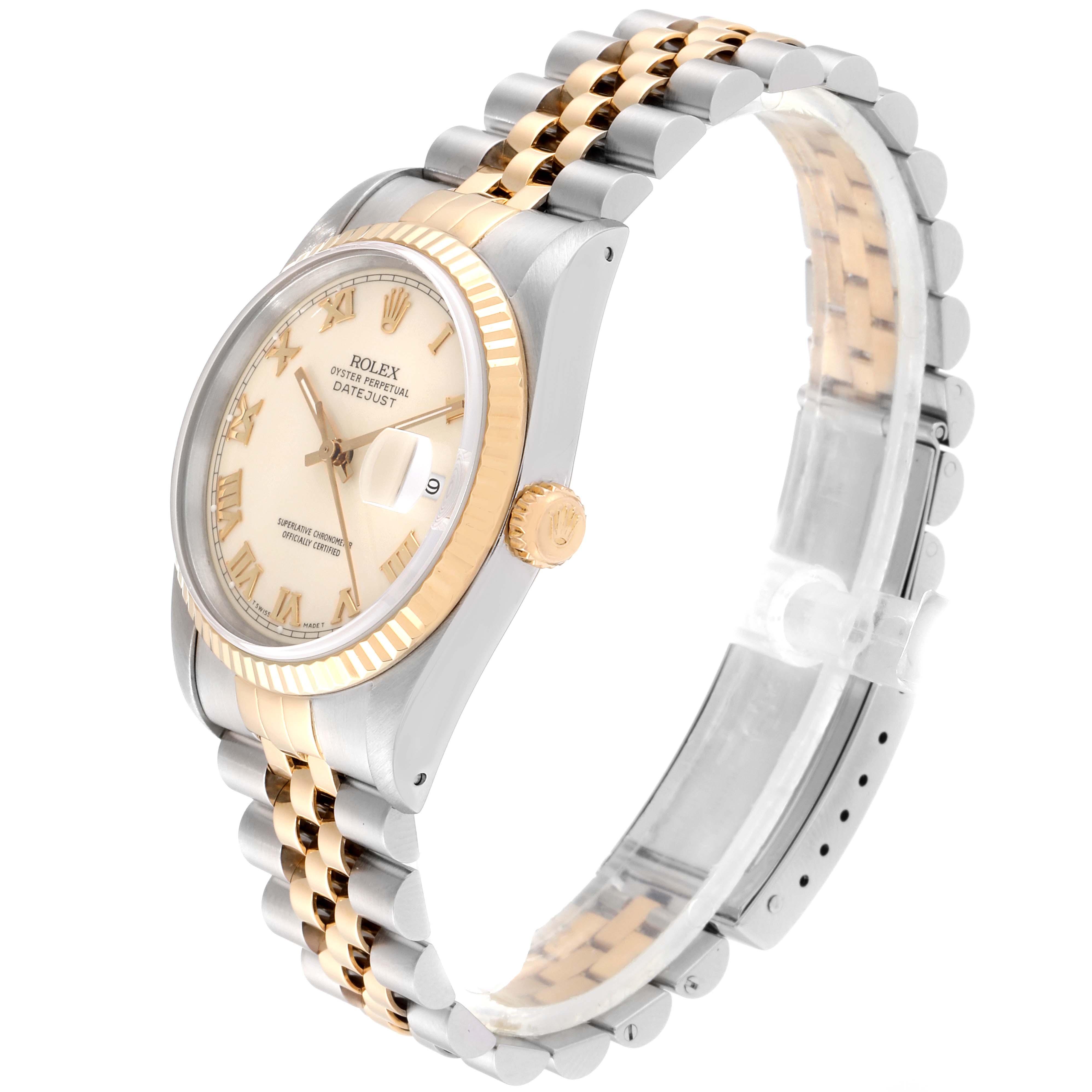 This image shows a Rolex Datejust 16233 Men's Steel and Gold (two tone) Beige Dial 16233 Men's Steel and Gold (two tone) Beige Dial watch angled from the right side, highlighting its gold and silver bracelet and fluted bezel.