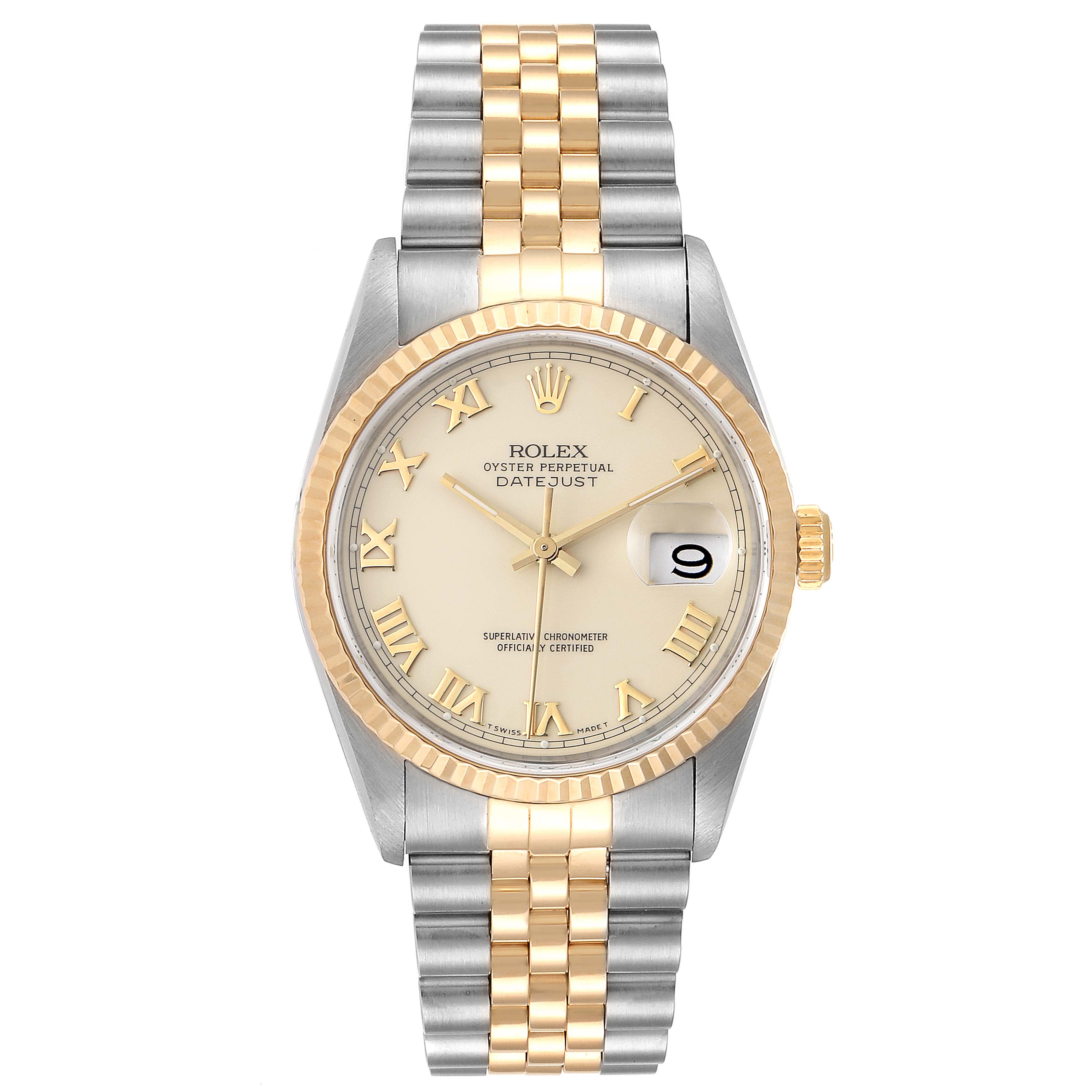 The Rolex Datejust 16233 Men's Steel and Gold (two tone) Beige Dial 16233 Men's Steel and Gold (two tone) Beige Dial watch is shown from the front, displaying its face, bezel, and two-tone bracelet.