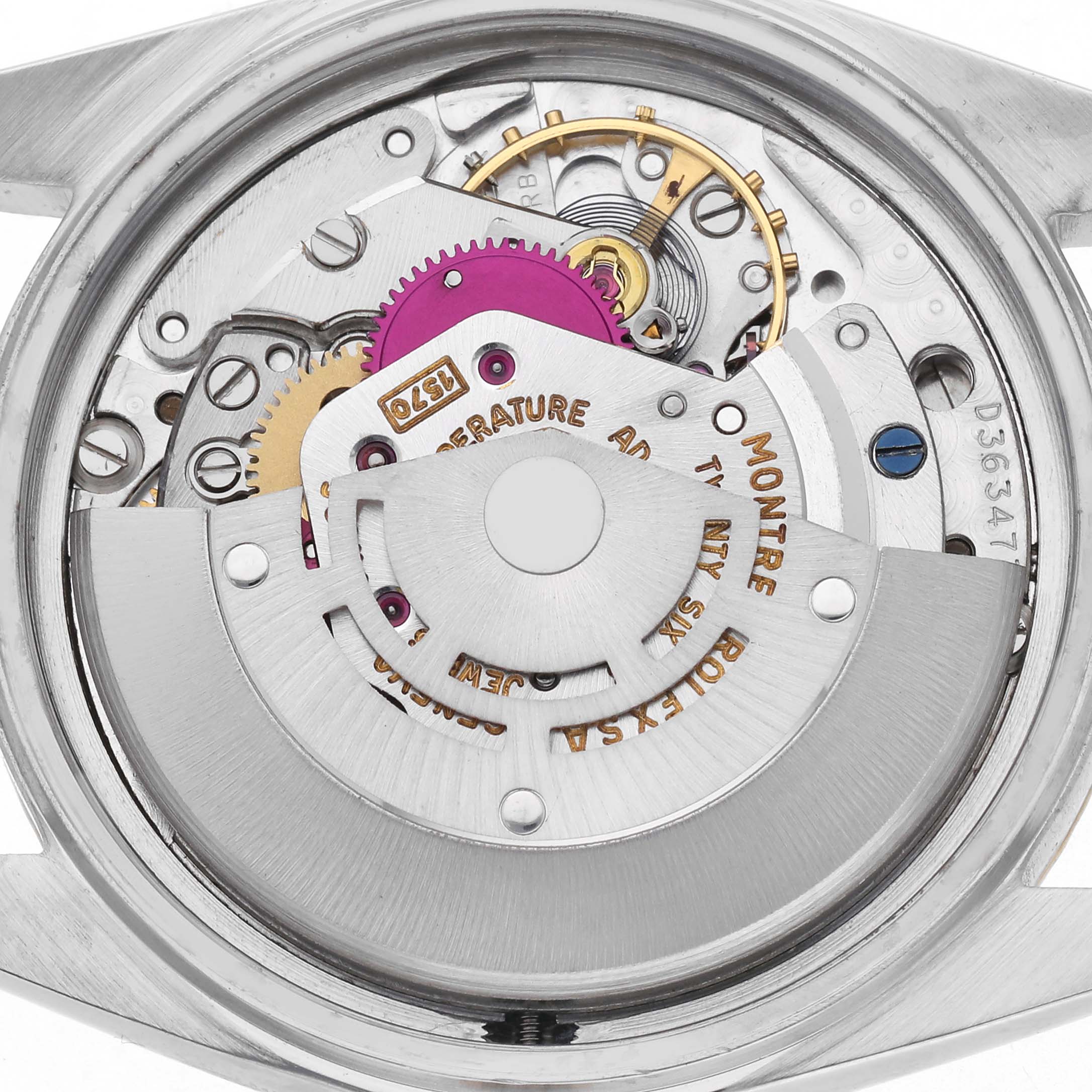 The image shows the back of the Rolex Vintage Collection 16013 Men
s Steel and Gold (two tone) Champagne Dial model, highlighting its mechanical movement.
