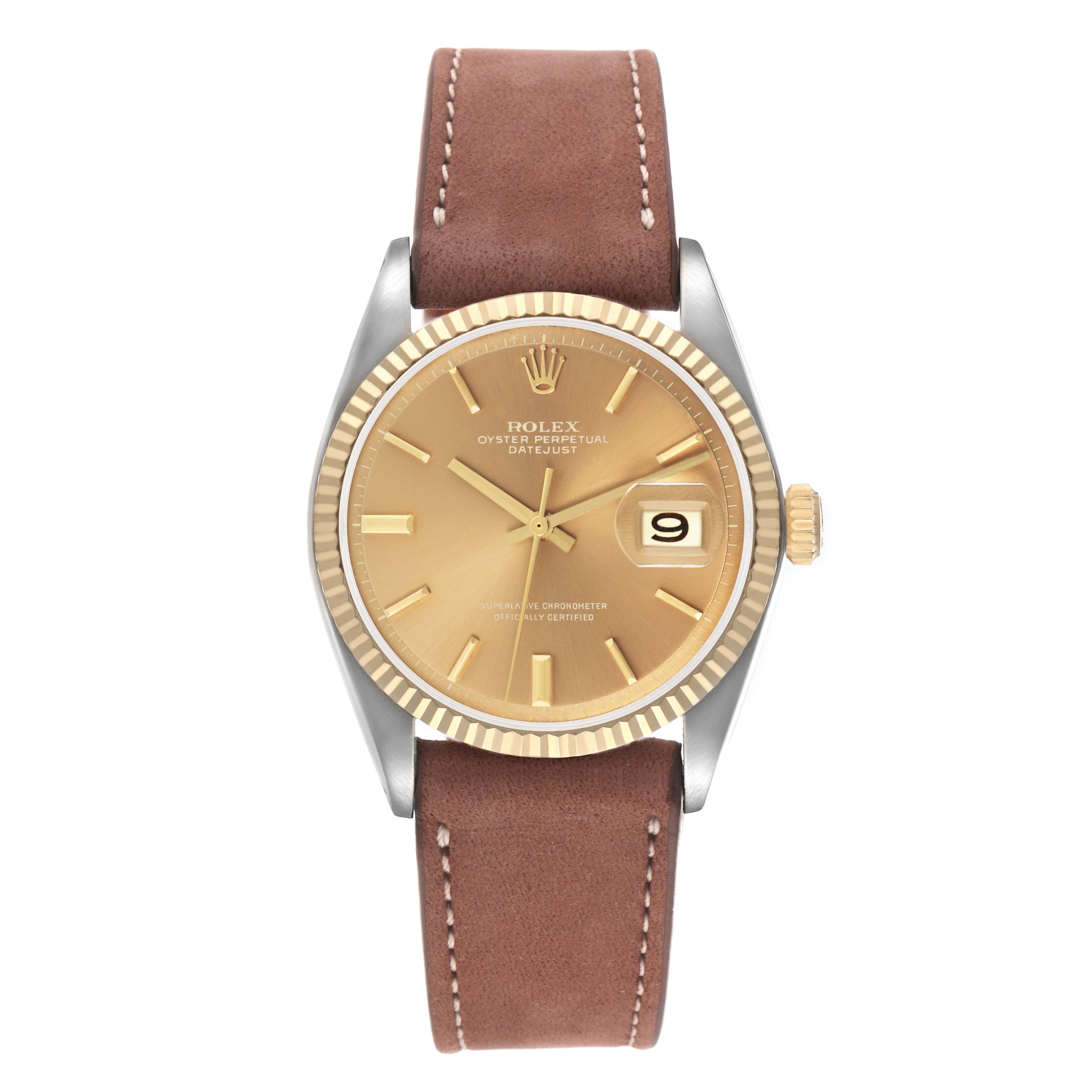 The Rolex Vintage Collection 16013 Men
s Steel and Gold (two tone) Champagne Dial watch is shown from the front, displaying the dial, bezel, and leather strap.